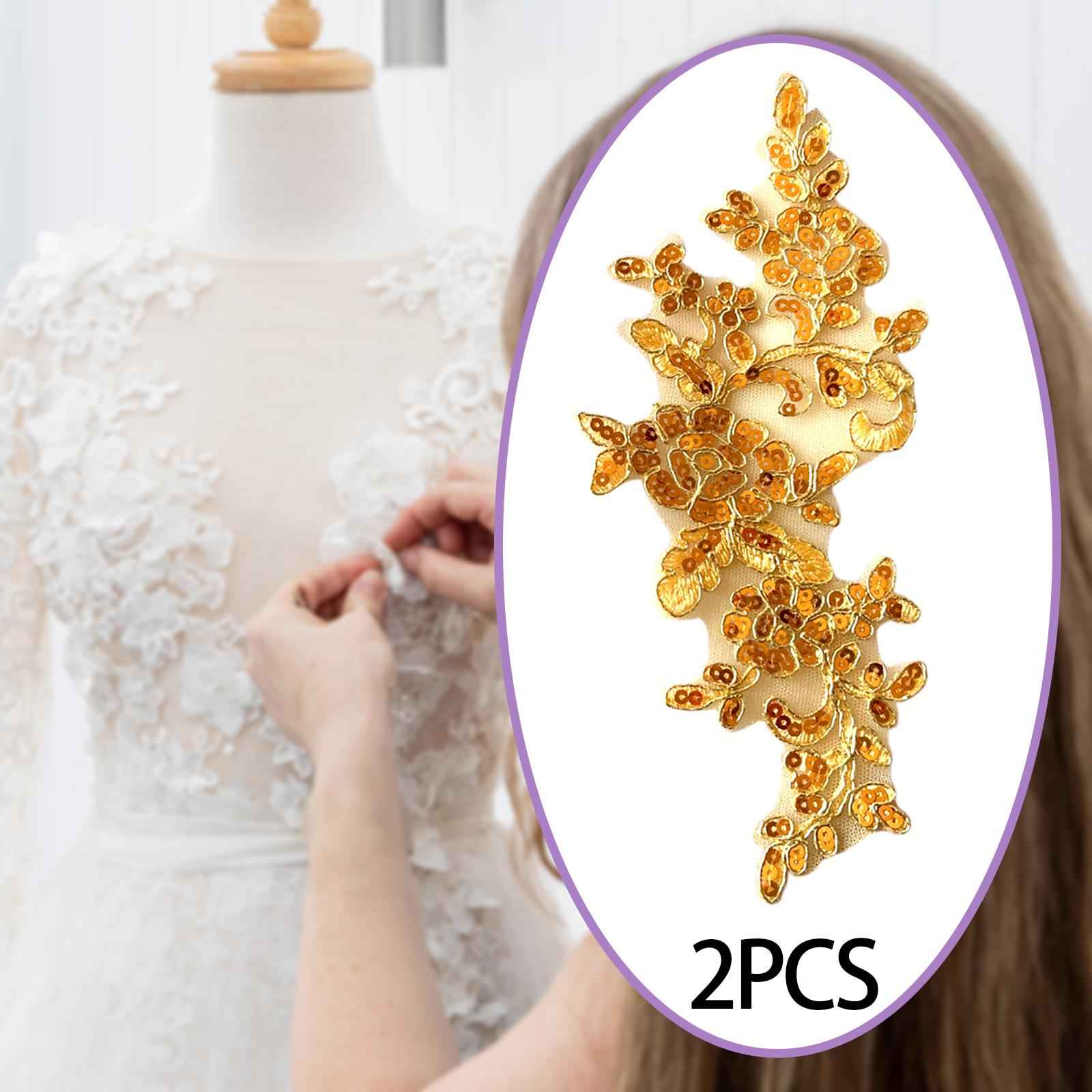 2Pcs Lace Applique Decoration Lace Trims for Sewing Decorating Evening Dress Golden