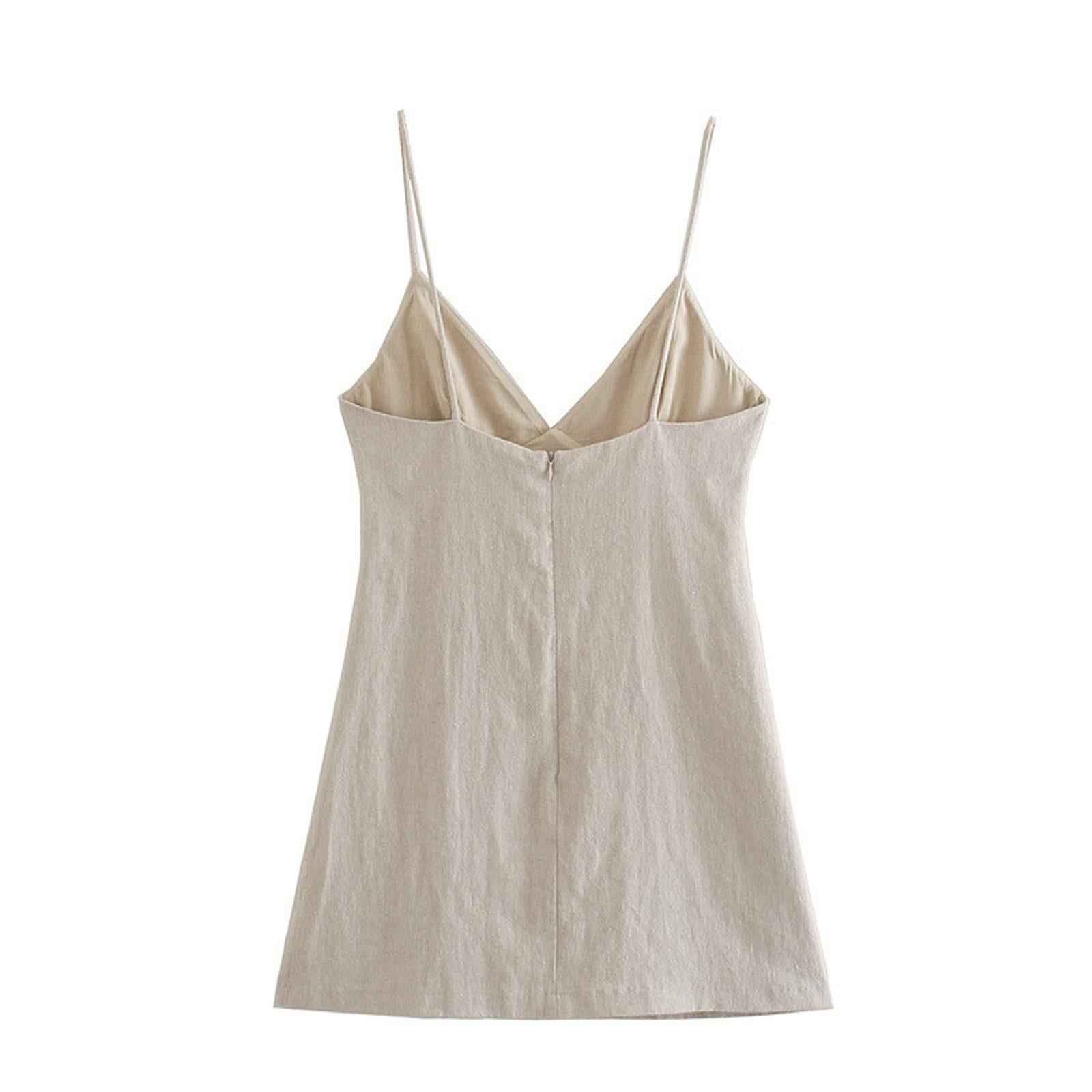 Fitted Dress Sundress V Neck Womens Dress for Beach Honeymoon Travel XS Beige