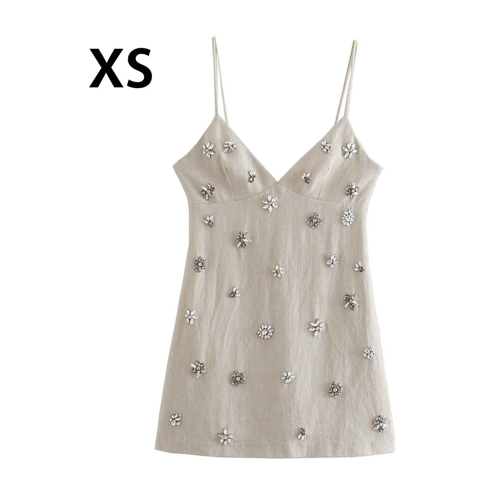Fitted Dress Sundress V Neck Womens Dress for Beach Honeymoon Travel XS Beige