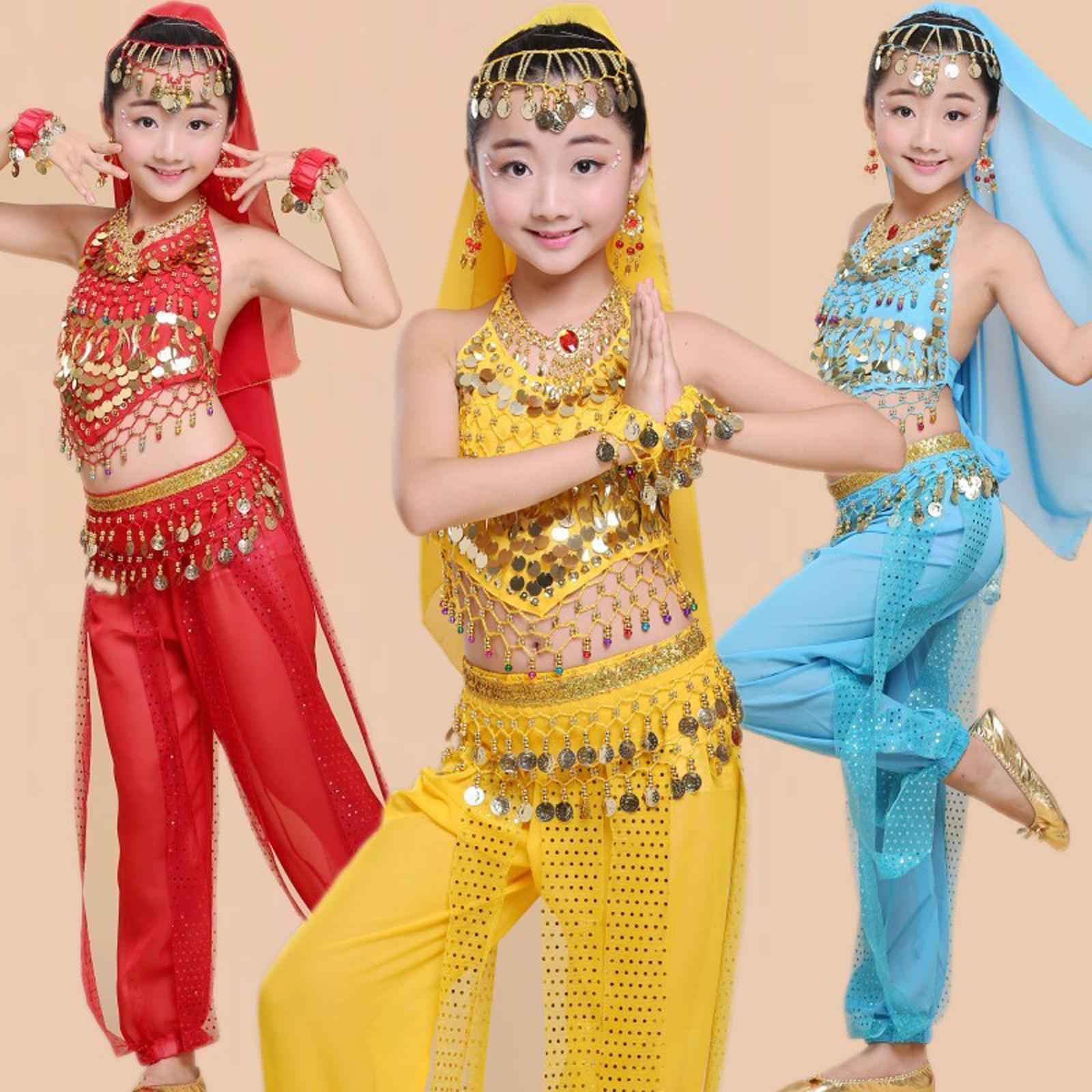Kids Belly Dance Costumes Set Child Belly Dance Halter Top Pants Costume Set Yellow