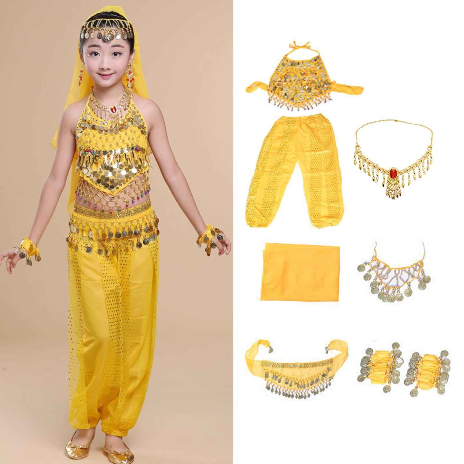 Kids Belly Dance Costumes Set Child Belly Dance Halter Top Pants Costume Set Yellow