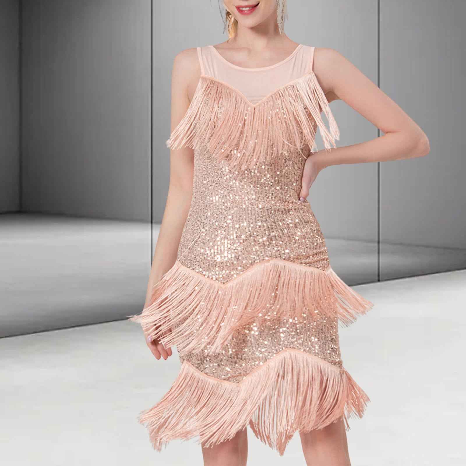 Womens Latin Dance Dress Shiny Sequins Dress for Club Prom Stage Performance Golden L