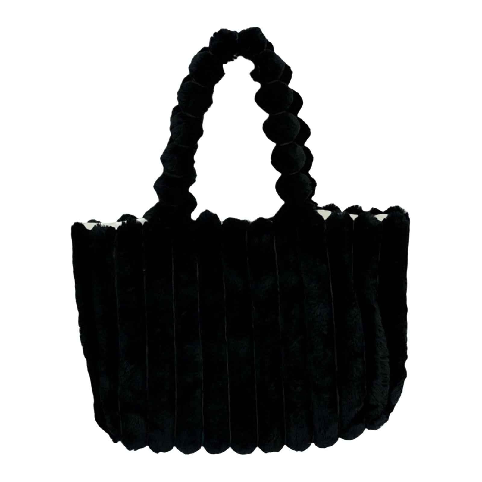 Women Tote Bag Plush Casual Pouch Winter Handbag for Dating Street Commuting Black