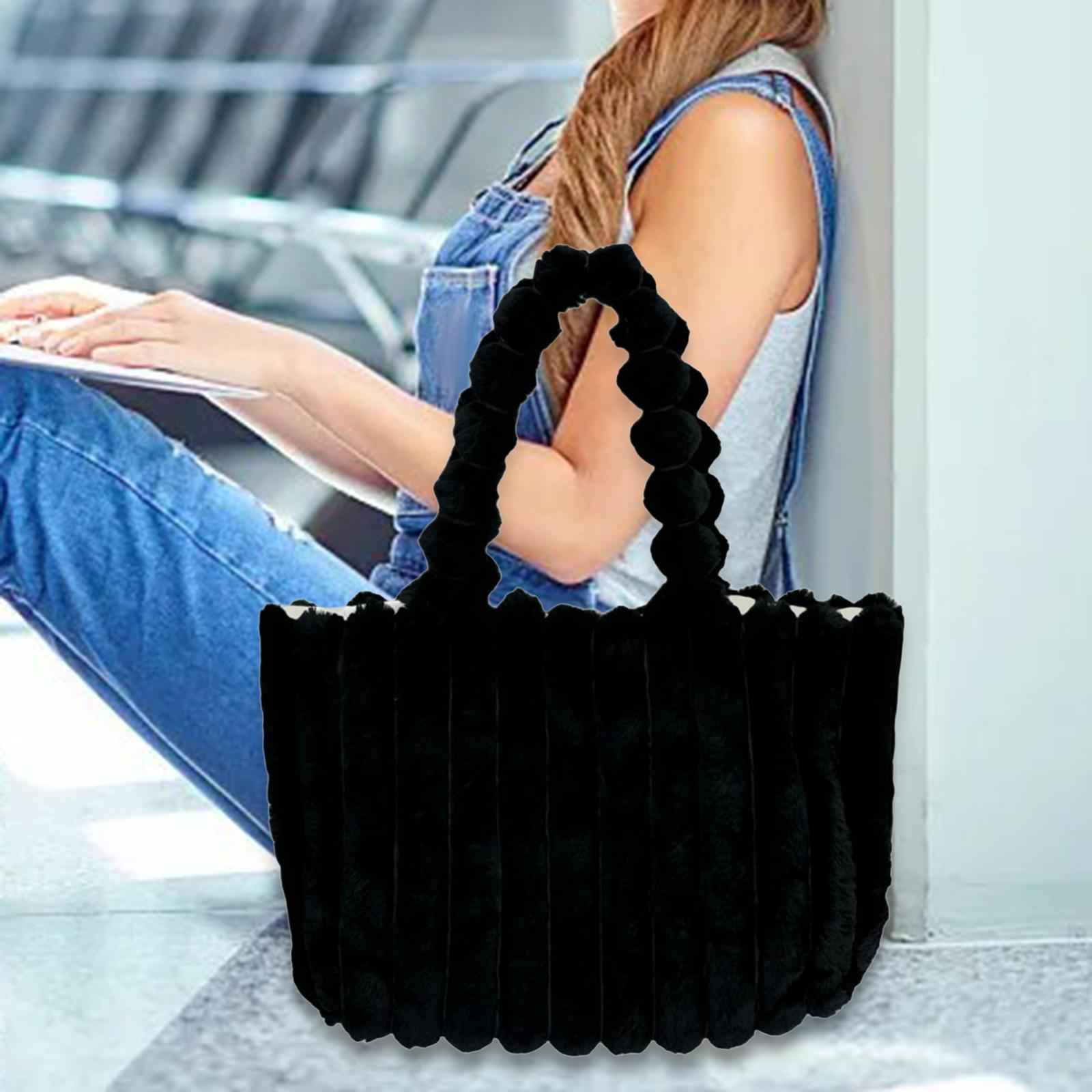 Women Tote Bag Plush Casual Pouch Winter Handbag for Dating Street Commuting Black