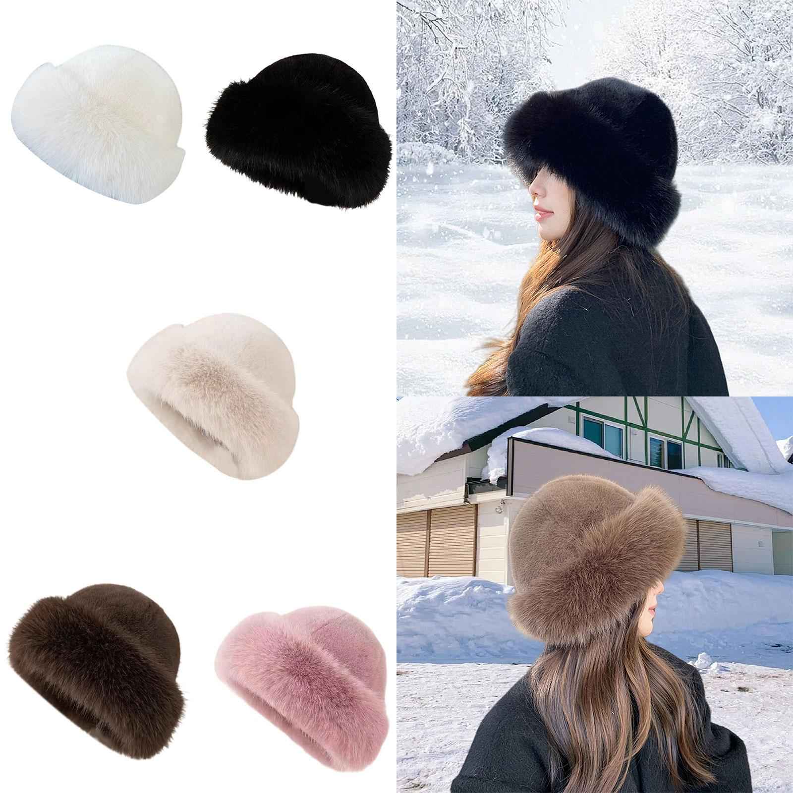 Winter Faux Fur Hat for Women Warm Cossack Russian Hat for Ski Walking White