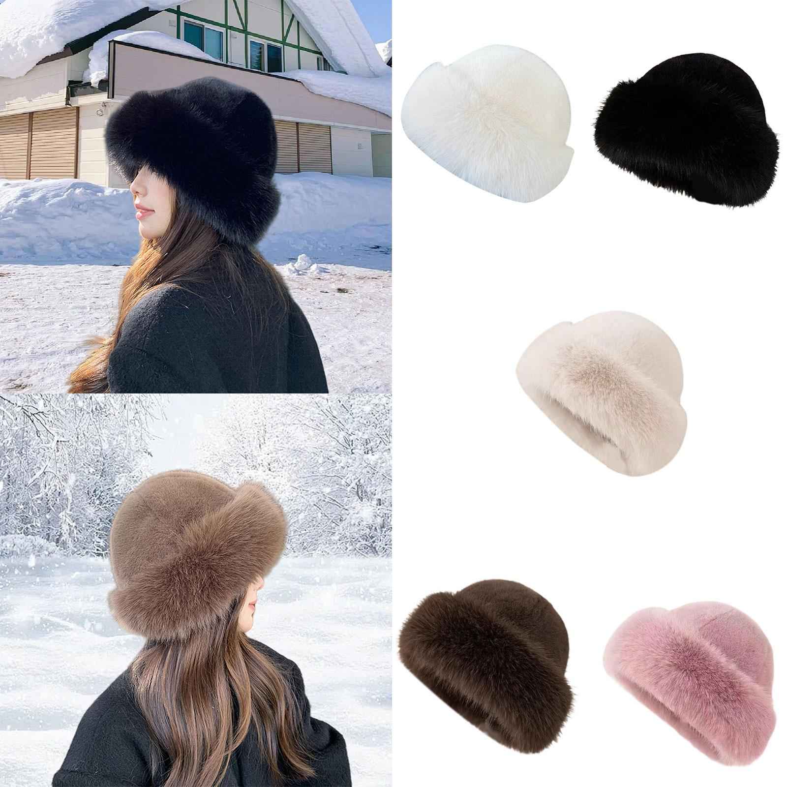 Winter Faux Fur Hat for Women Warm Cossack Russian Hat for Ski Walking White