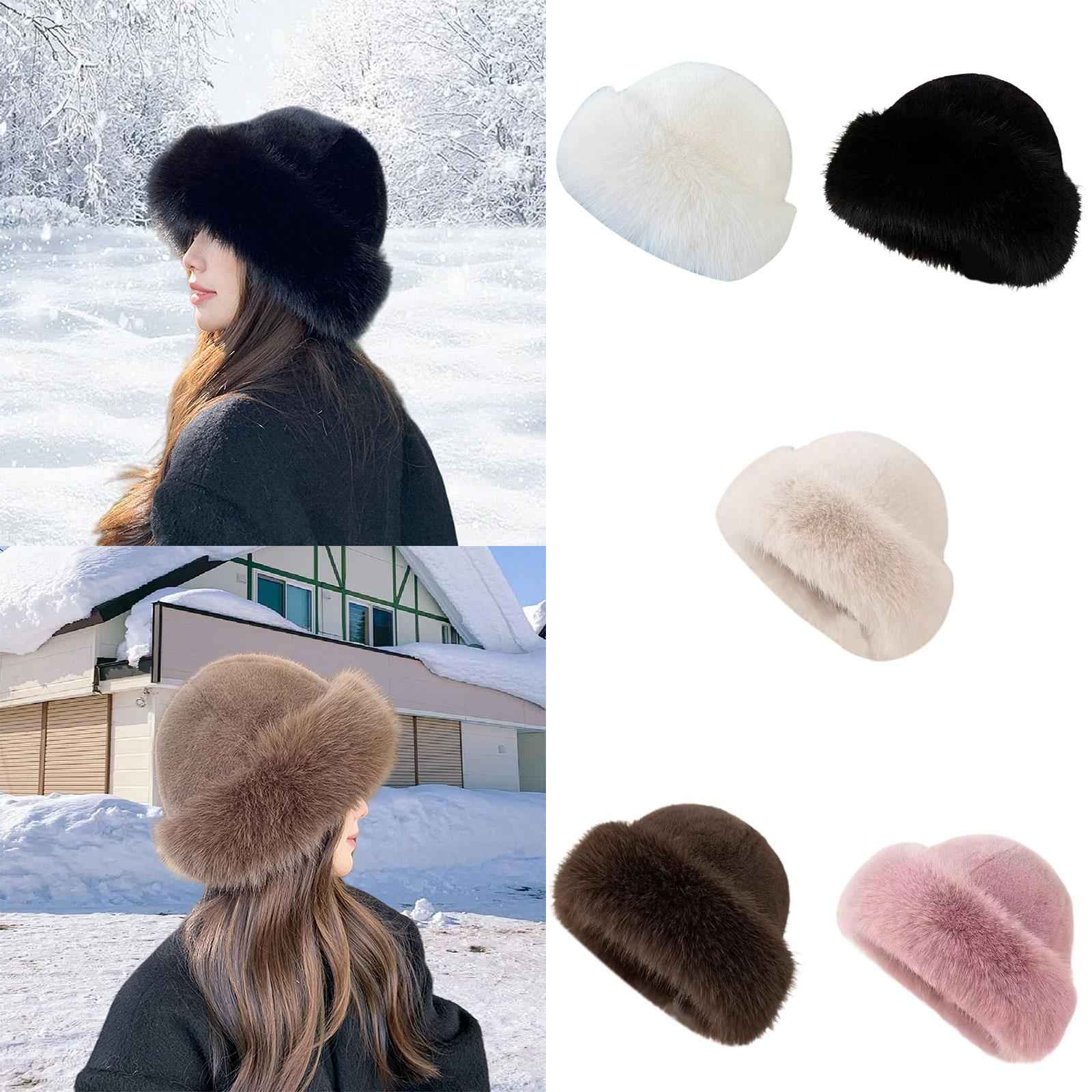 Winter Faux Fur Hat for Women Warm Cossack Russian Hat for Ski Walking White