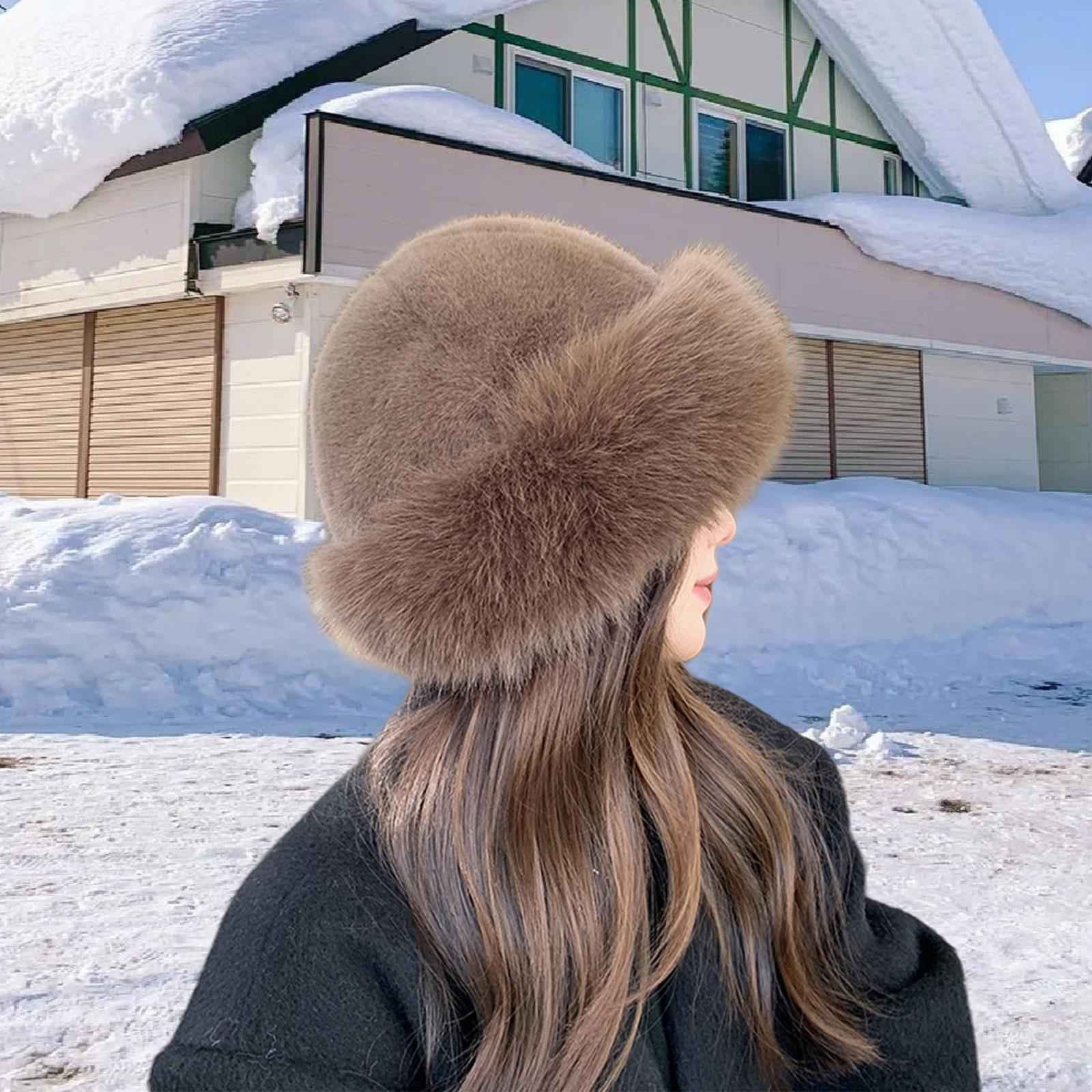 Winter Faux Fur Hat for Women Warm Cossack Russian Hat for Ski Walking Brown