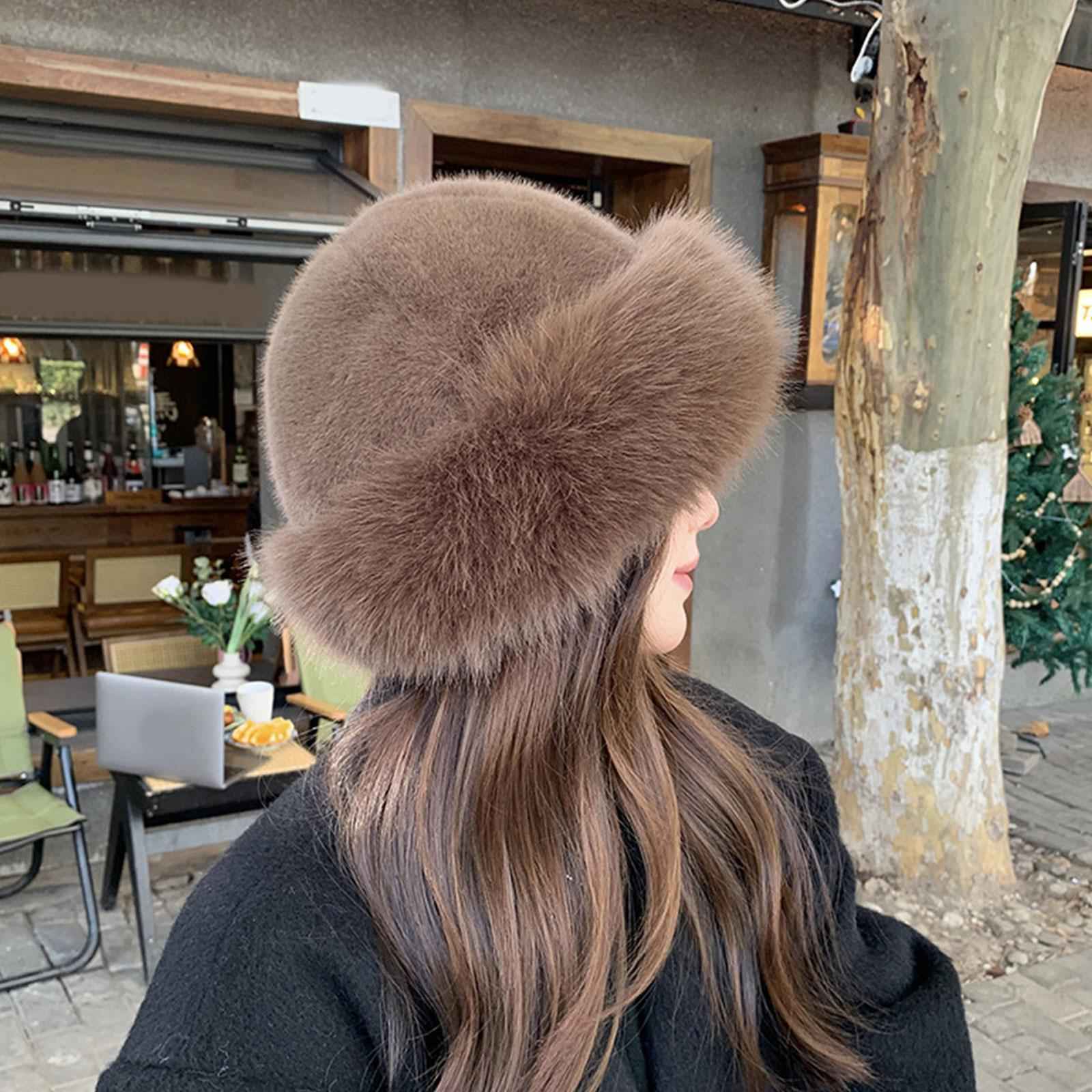 Winter Faux Fur Hat for Women Warm Cossack Russian Hat for Ski Walking Brown