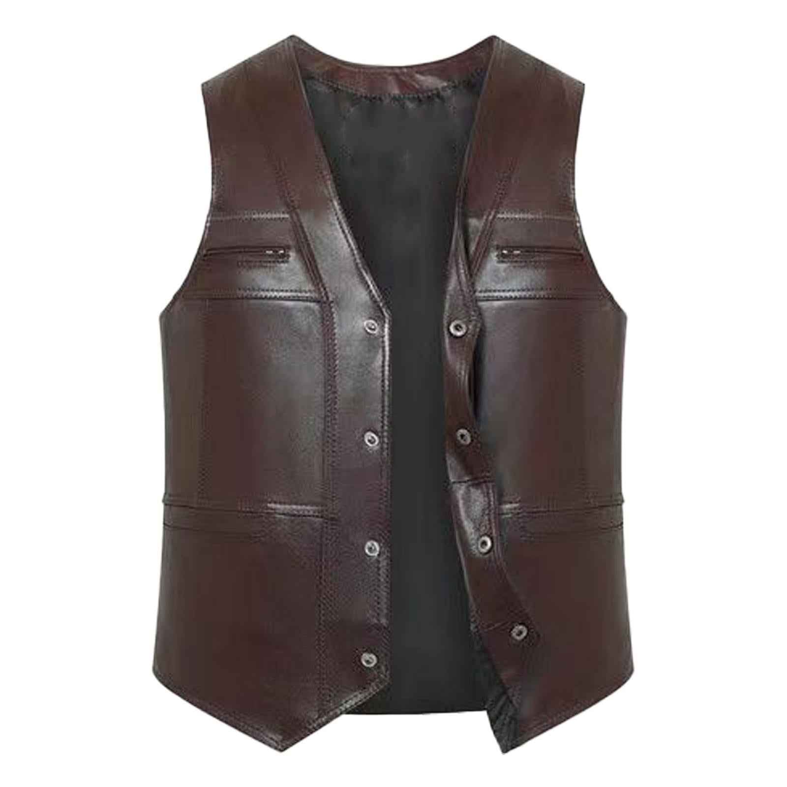 Waistcoat Utility Jacket Punk Mens PU Leather Vest for Sports Fishing Winter XL Brown