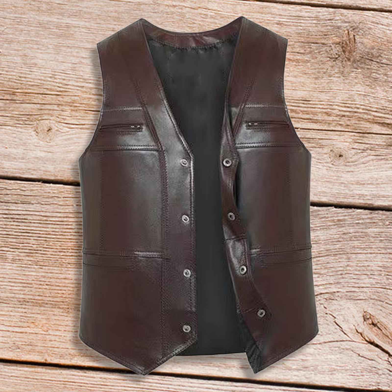 Waistcoat Utility Jacket Punk Mens PU Leather Vest for Sports Fishing Winter XL Brown