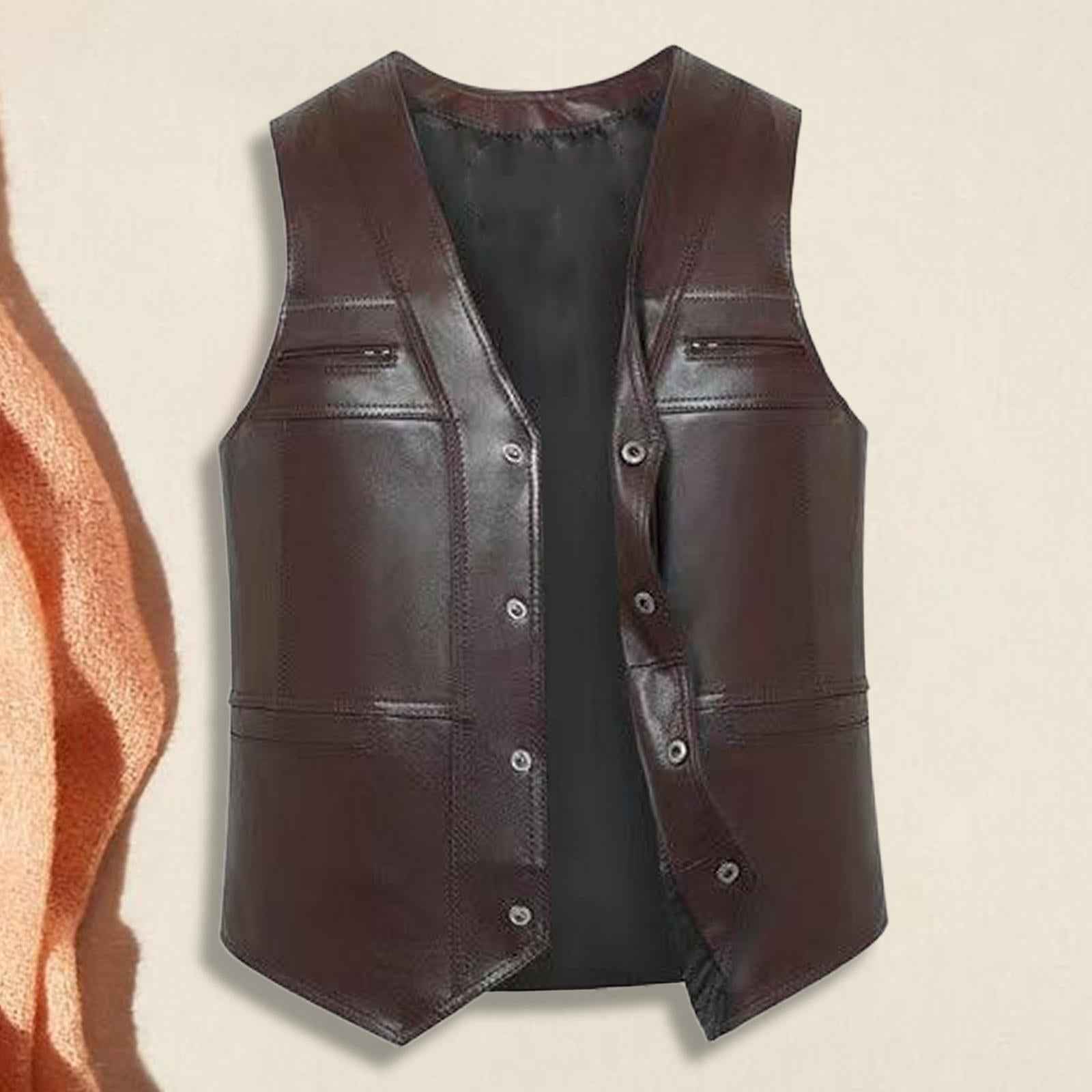 Waistcoat Utility Jacket Punk Mens PU Leather Vest for Sports Fishing Winter XL Brown