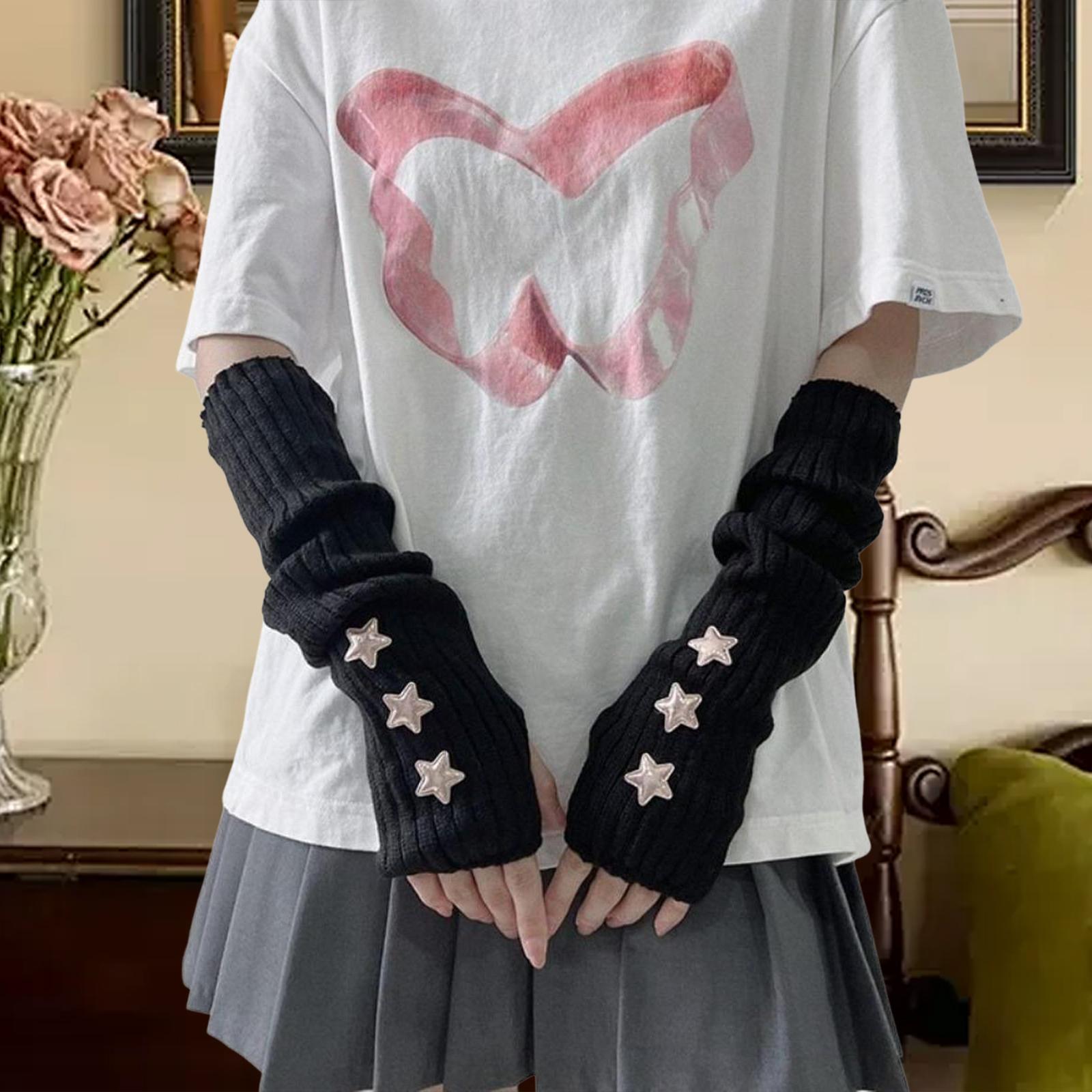 Arm Warmers Thumb Hole Gloves Winter Knitted Mittens Fashion for Women Girls black with star