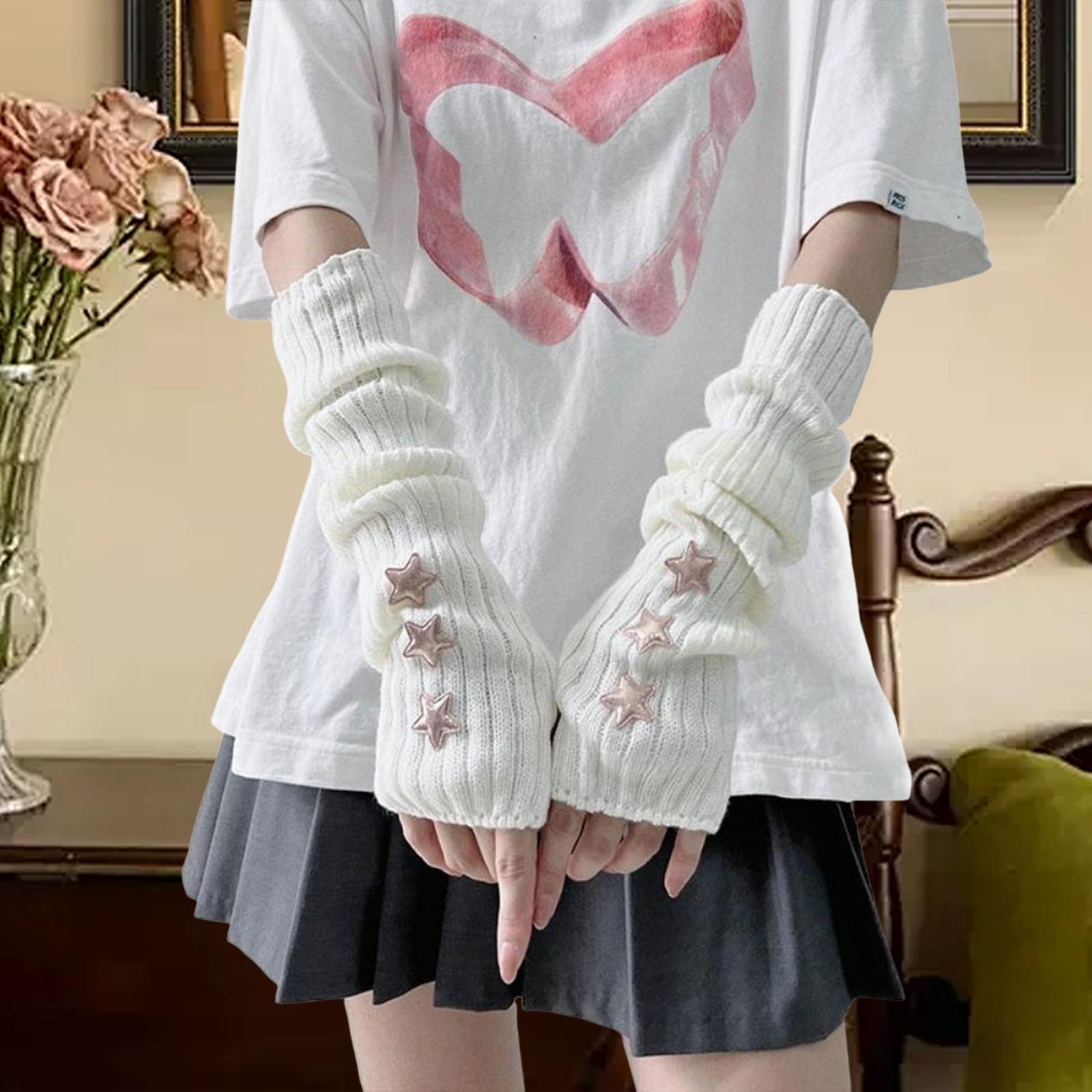 Arm Warmers Thumb Hole Gloves Winter Knitted Mittens Fashion for Women Girls white with star