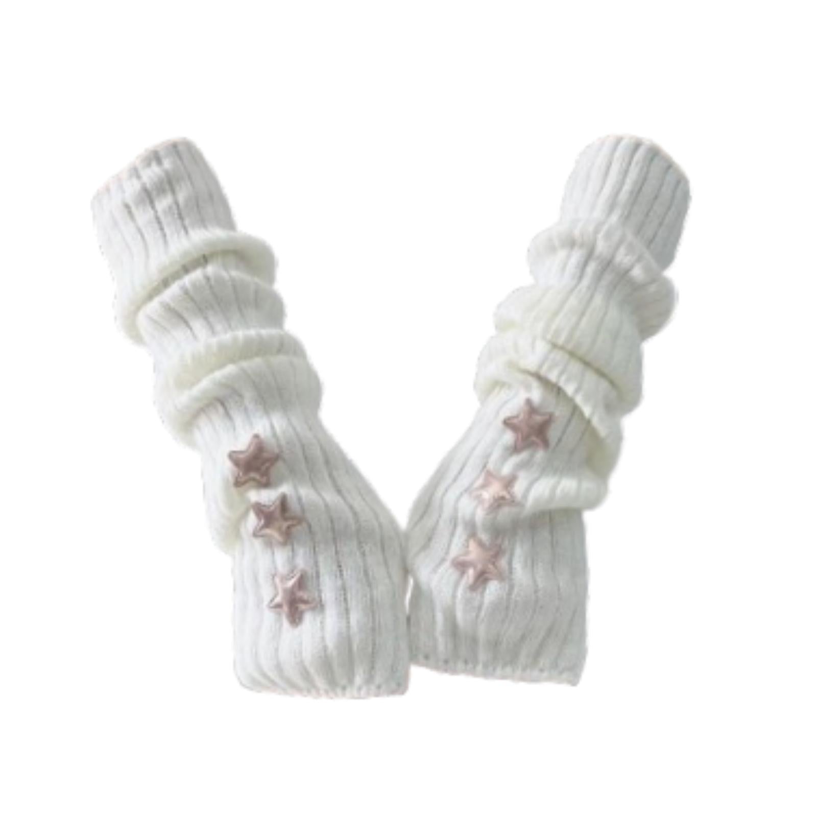 Arm Warmers Thumb Hole Gloves Winter Knitted Mittens Fashion for Women Girls white with star