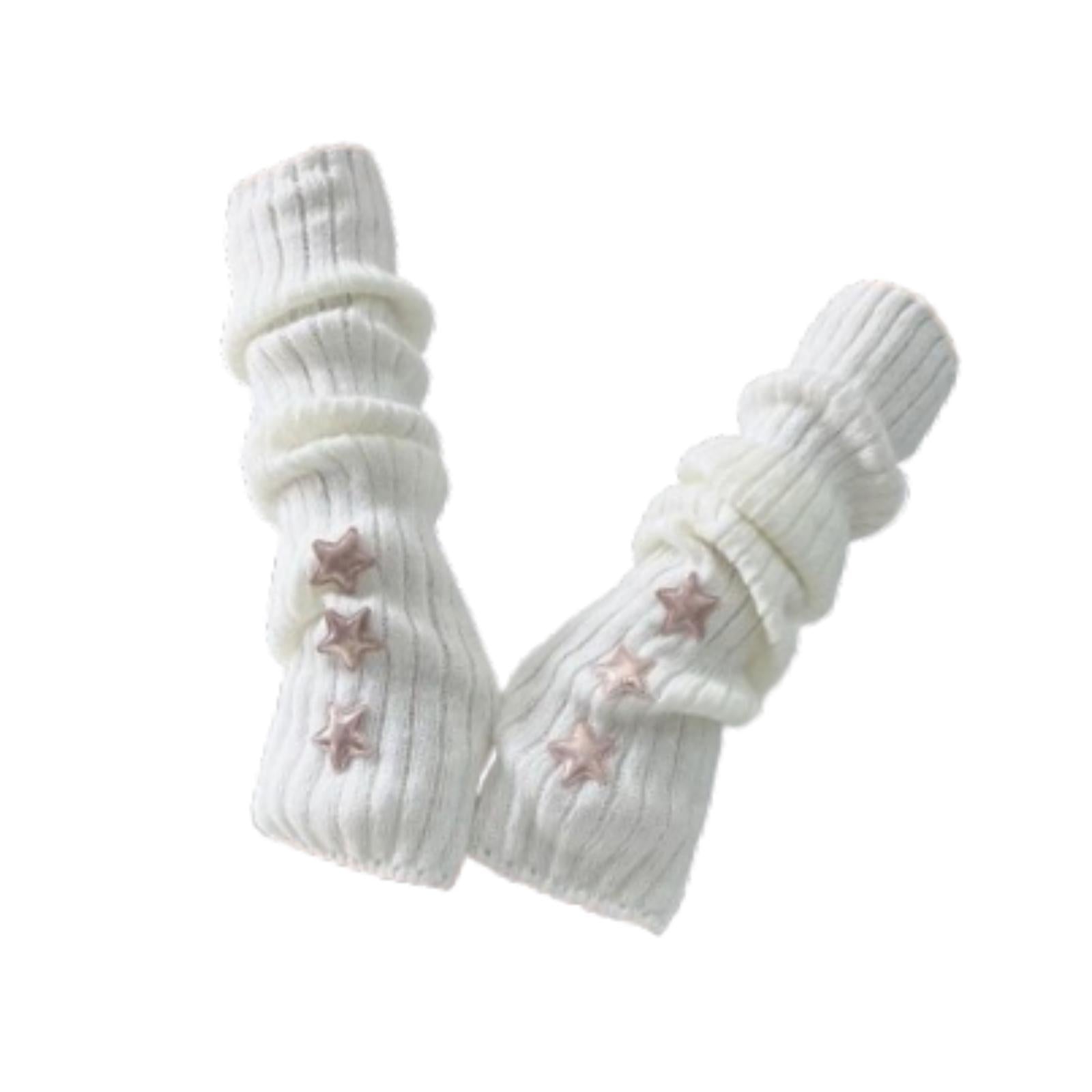 Arm Warmers Thumb Hole Gloves Winter Knitted Mittens Fashion for Women Girls white with star