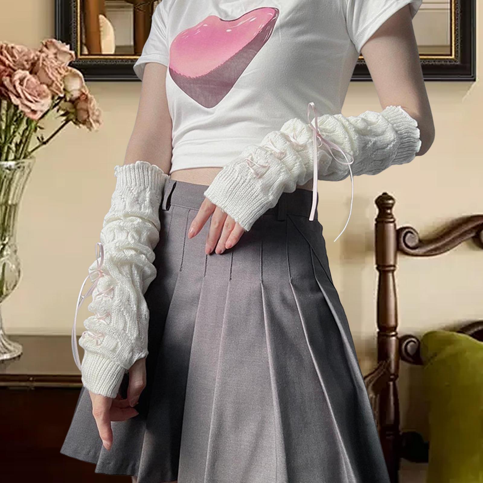 Arm Warmers Thumb Hole Gloves Winter Knitted Mittens Fashion for Women Girls white pink ribbon