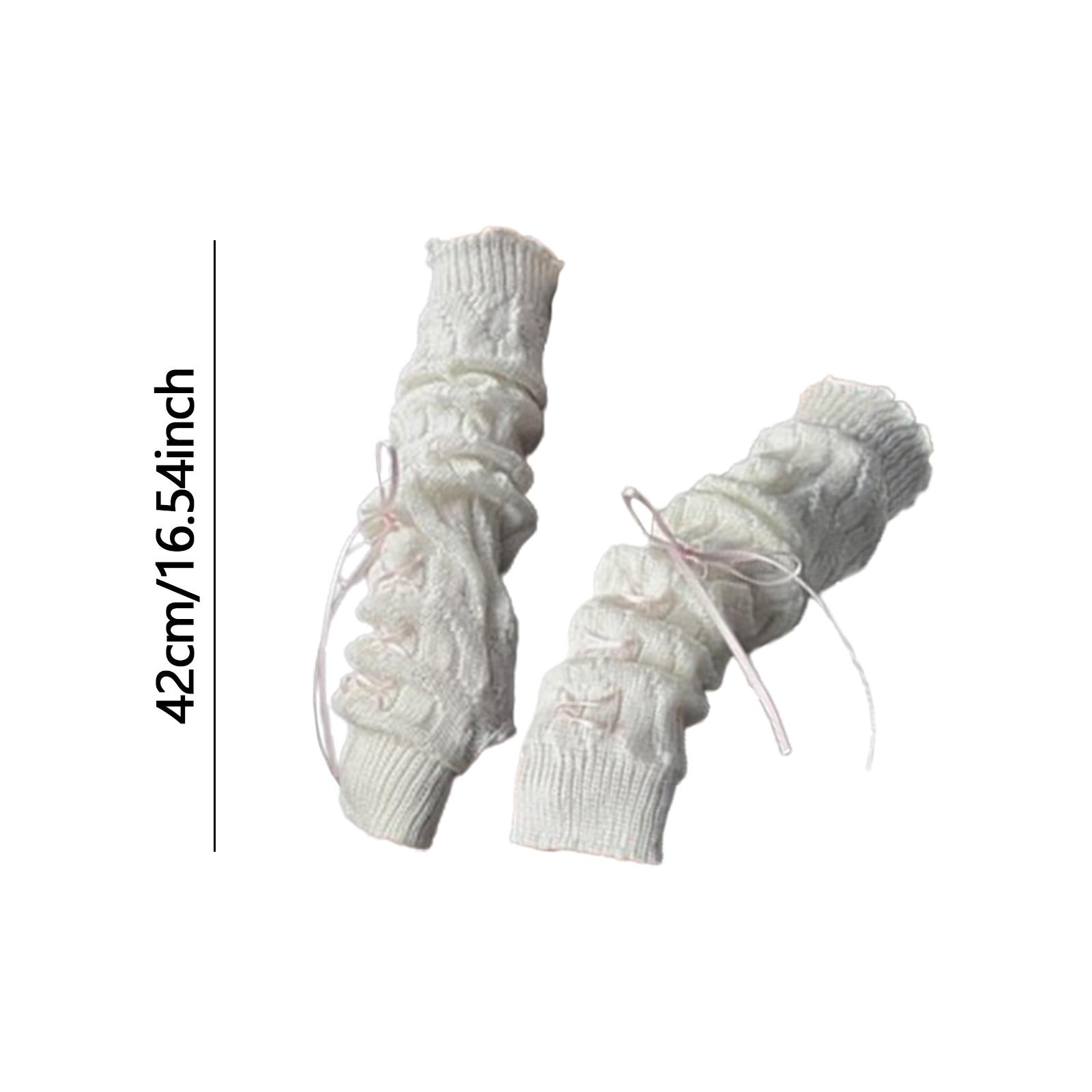 Arm Warmers Thumb Hole Gloves Winter Knitted Mittens Fashion for Women Girls white pink ribbon