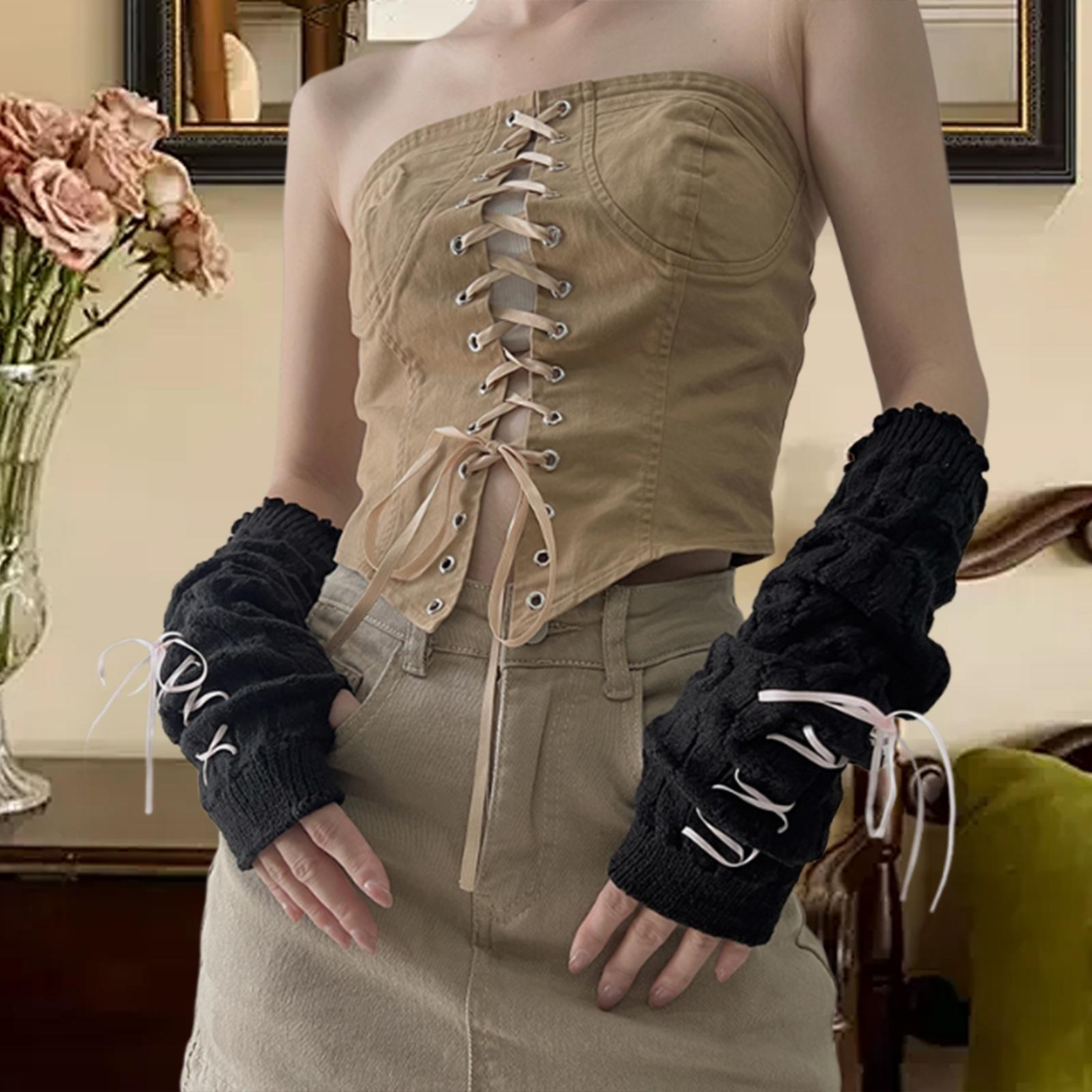 Arm Warmers Thumb Hole Gloves Winter Knitted Mittens Fashion for Women Girls black with pink ribbon