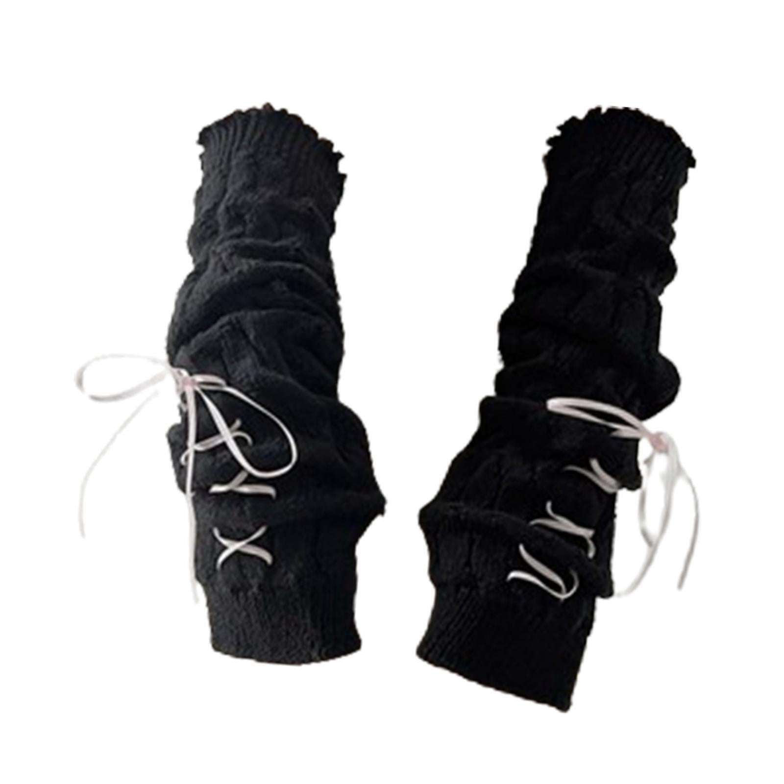 Arm Warmers Thumb Hole Gloves Winter Knitted Mittens Fashion for Women Girls black with pink ribbon