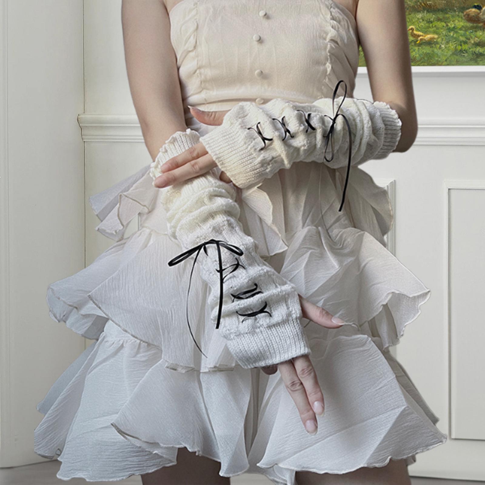 Arm Warmers Thumb Hole Gloves Winter Knitted Mittens Fashion for Women Girls white black ribbon