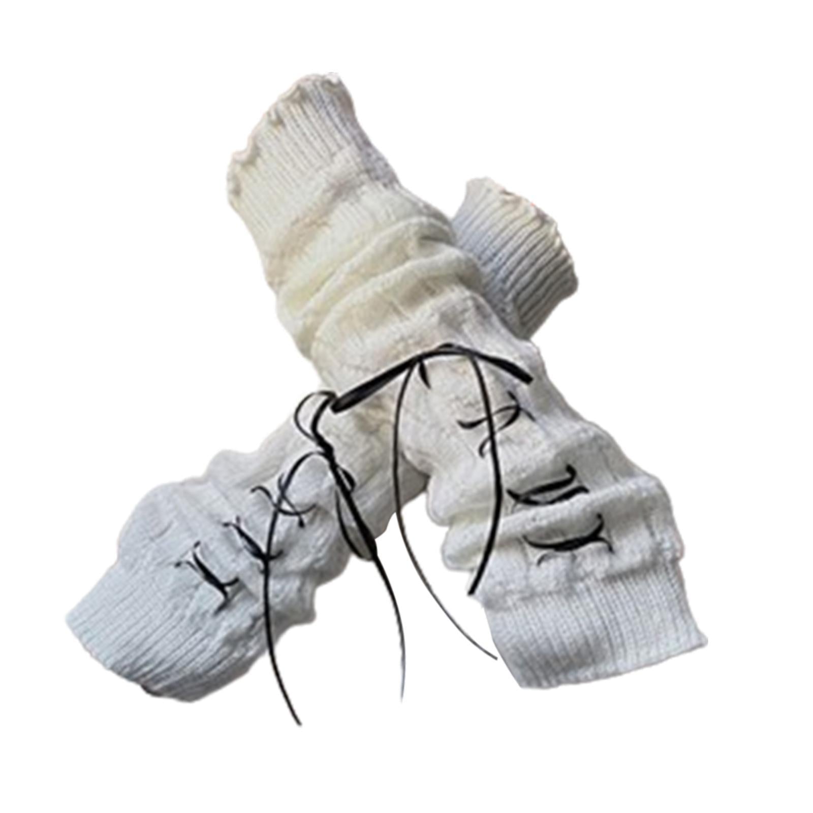 Arm Warmers Thumb Hole Gloves Winter Knitted Mittens Fashion for Women Girls white black ribbon