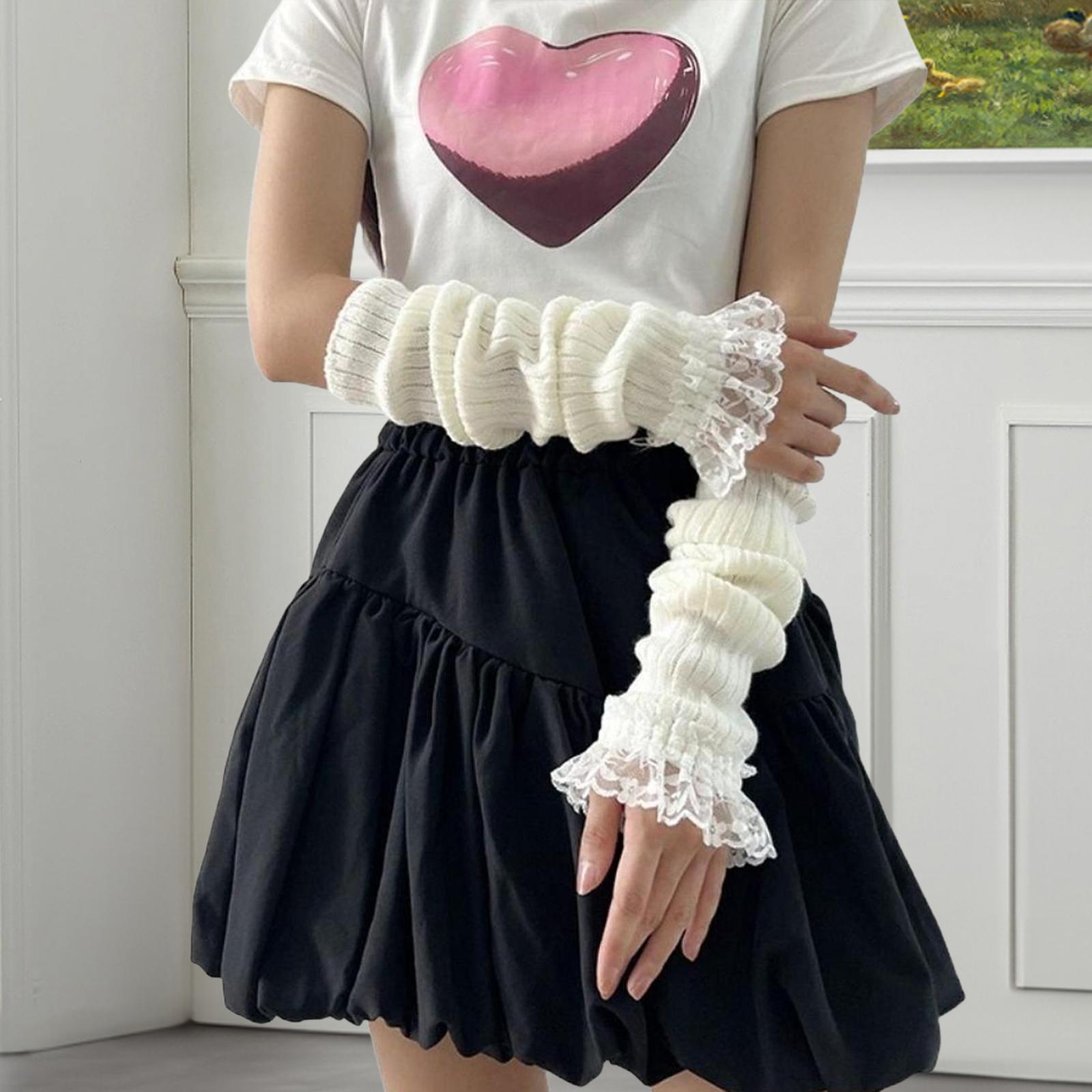 Arm Warmers Thumb Hole Gloves Winter Knitted Mittens Fashion for Women Girls white lace