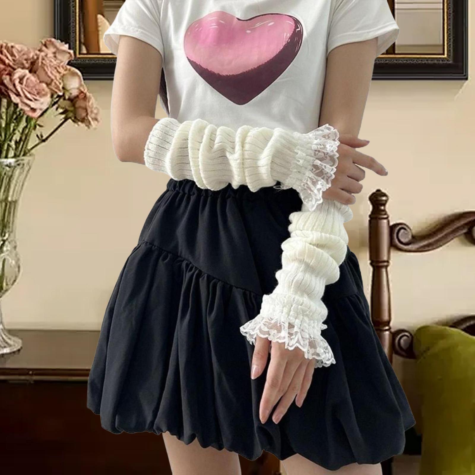 Arm Warmers Thumb Hole Gloves Winter Knitted Mittens Fashion for Women Girls white lace