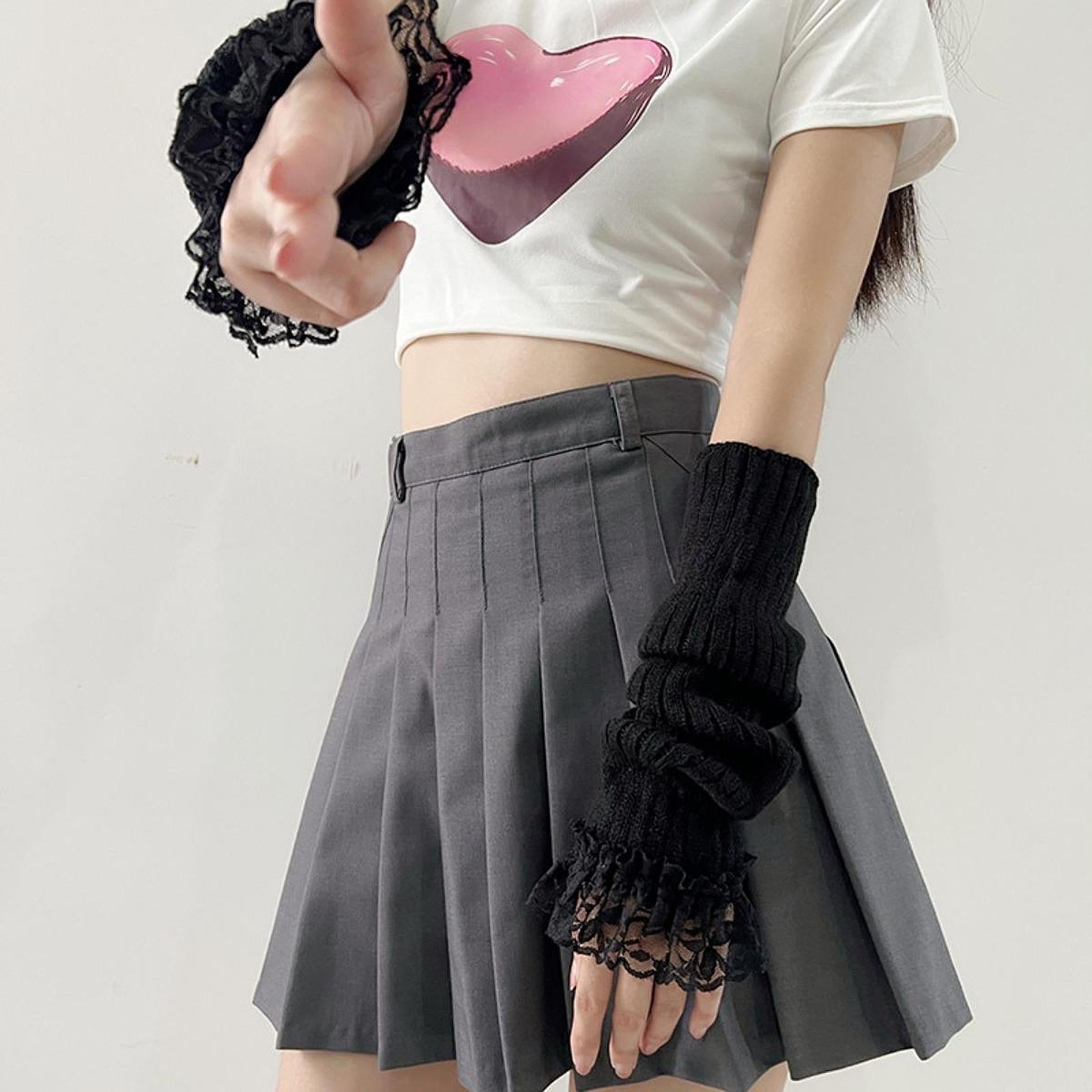 Arm Warmers Thumb Hole Gloves Winter Knitted Mittens Fashion for Women Girls black lace