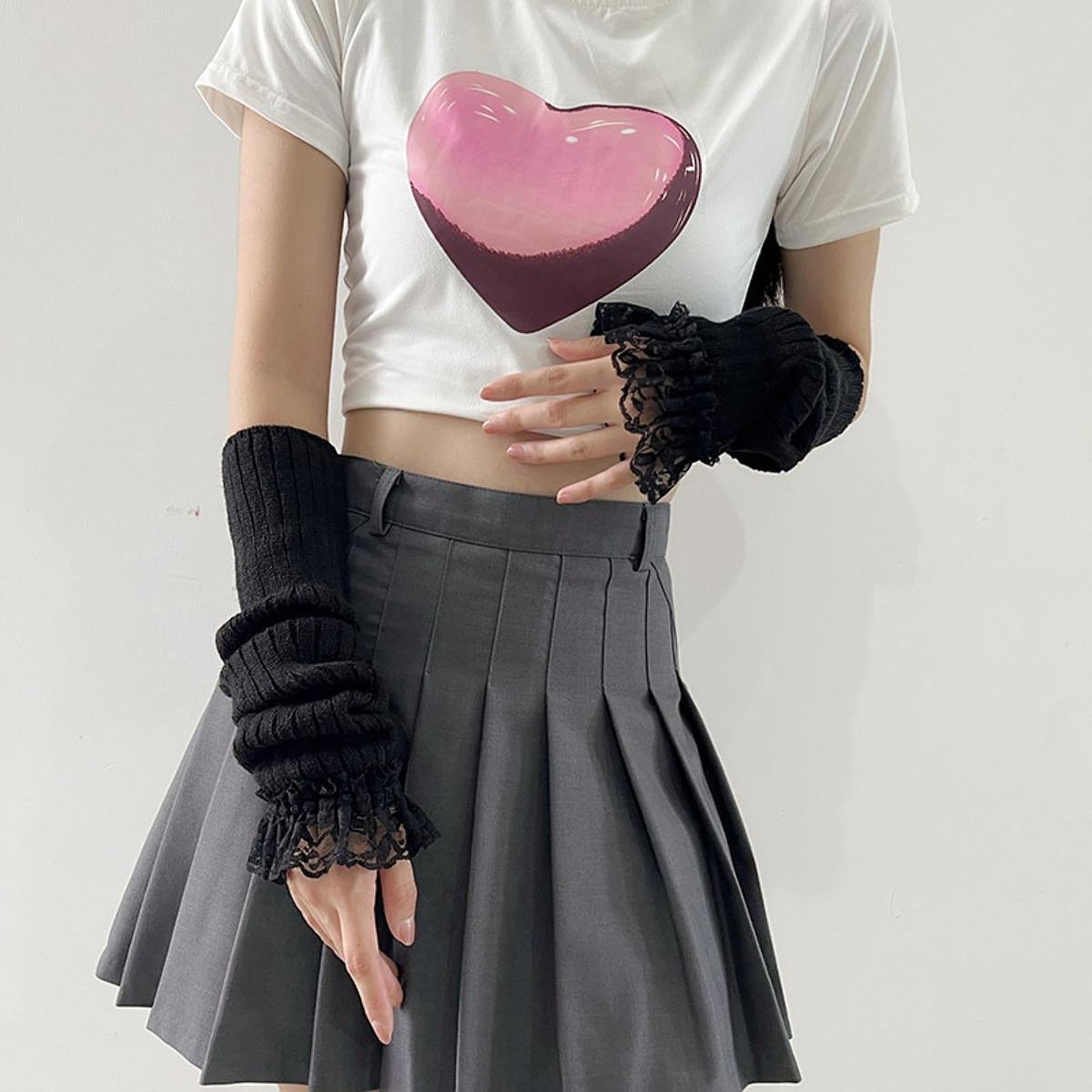 Arm Warmers Thumb Hole Gloves Winter Knitted Mittens Fashion for Women Girls black lace