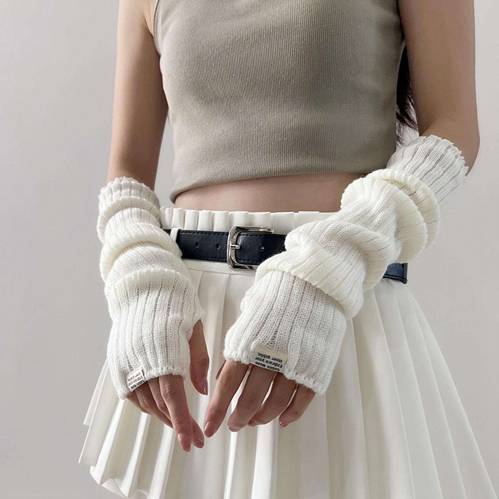 Arm Warmers Thumb Hole Gloves Winter Knitted Mittens Fashion for Women Girls white