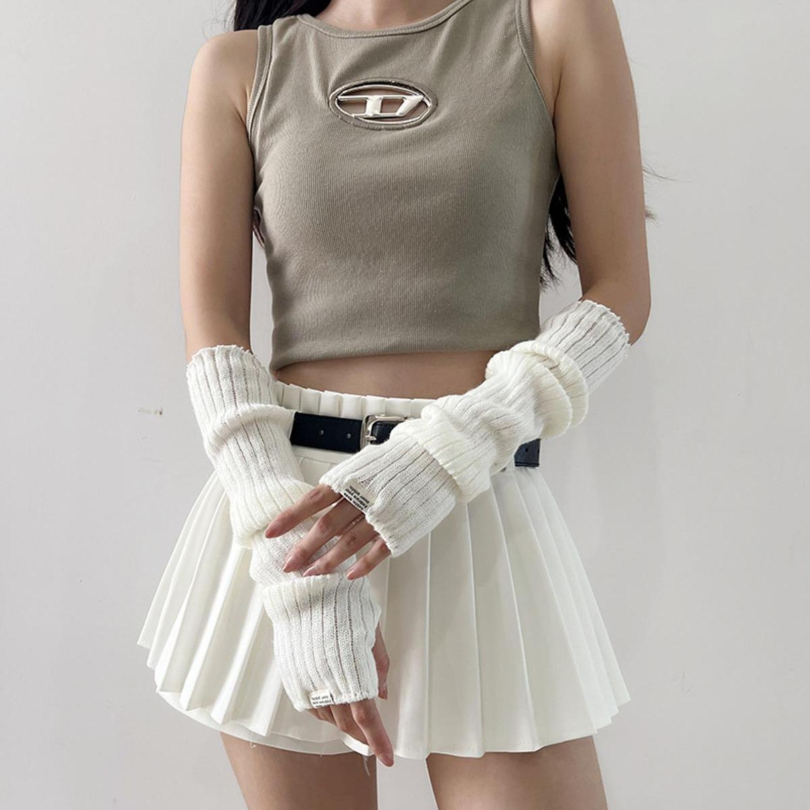 Arm Warmers Thumb Hole Gloves Winter Knitted Mittens Fashion for Women Girls white