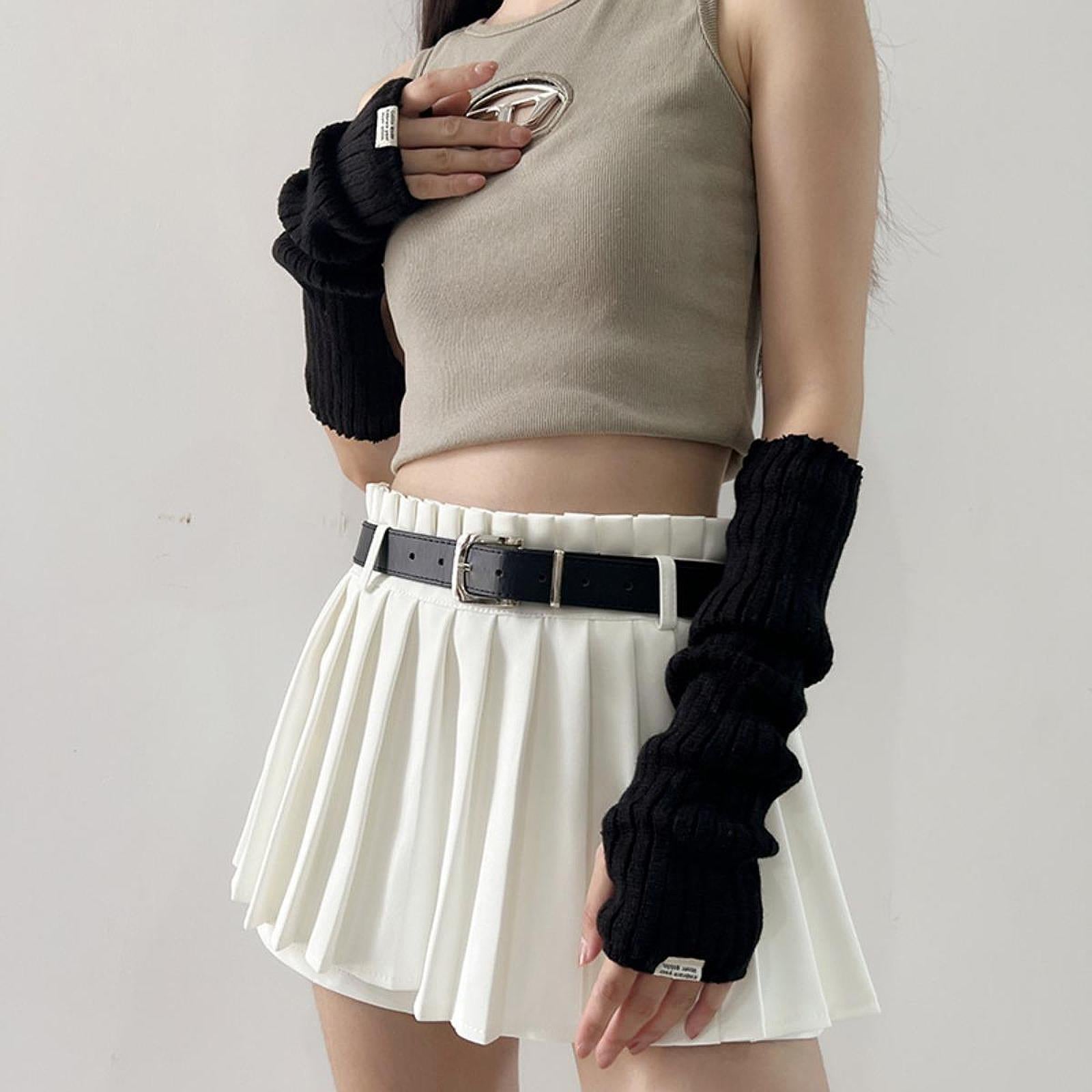 Arm Warmers Thumb Hole Gloves Winter Knitted Mittens Fashion for Women Girls black