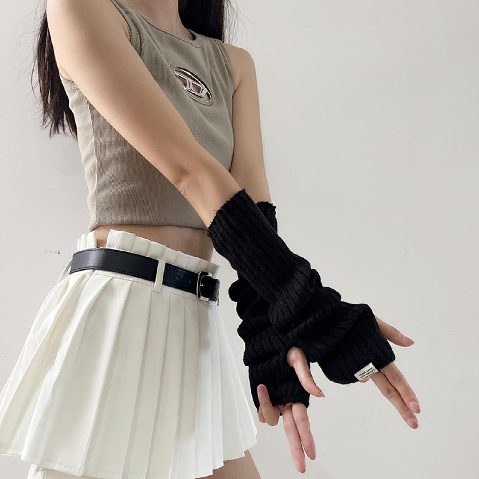 Arm Warmers Thumb Hole Gloves Winter Knitted Mittens Fashion for Women Girls black