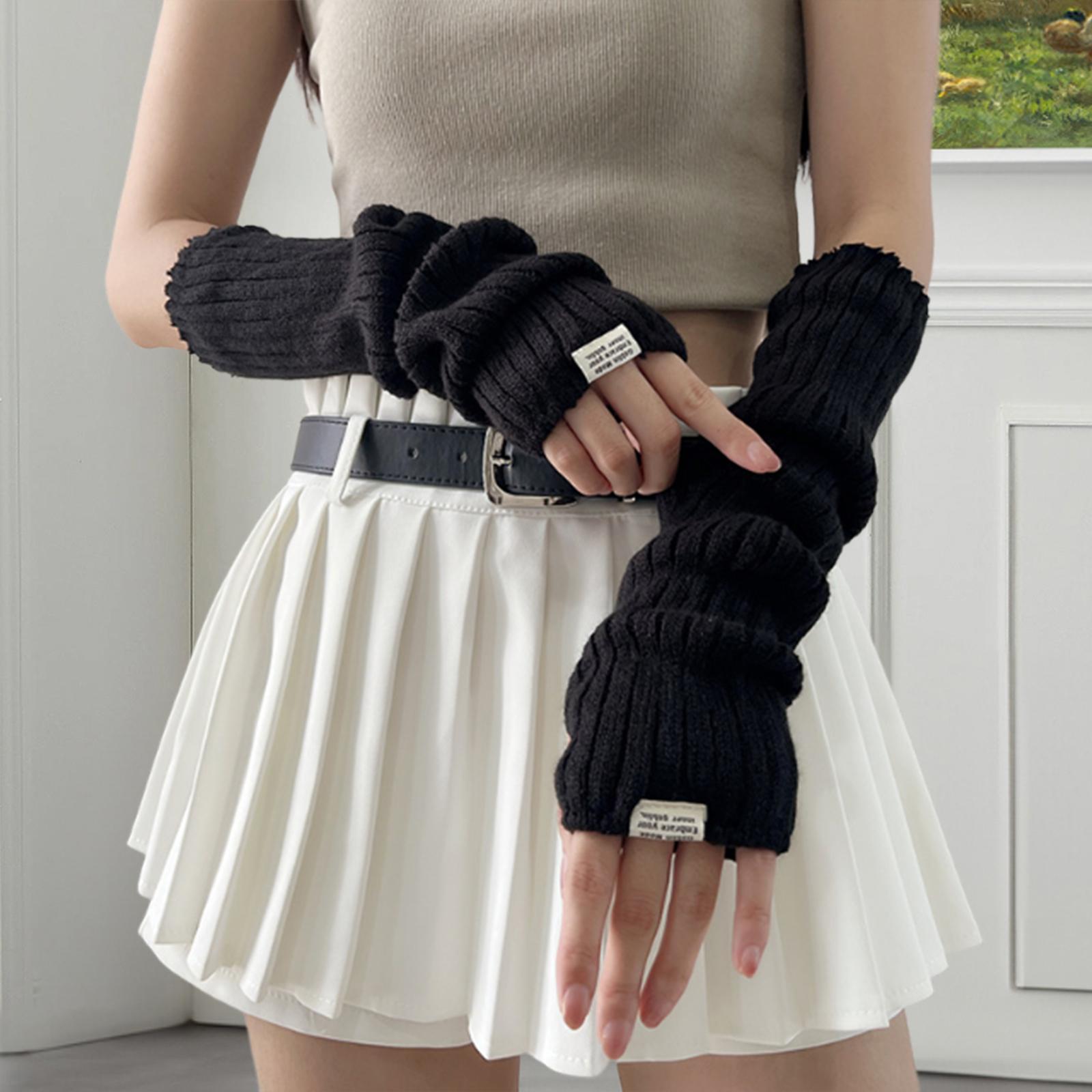 Arm Warmers Thumb Hole Gloves Winter Knitted Mittens Fashion for Women Girls black