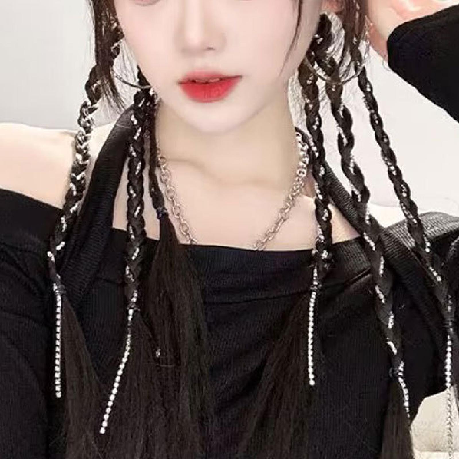 Clip in Braid Hair Extensions 45 cm for Birthday Traveling Stage Performance Black With Chain