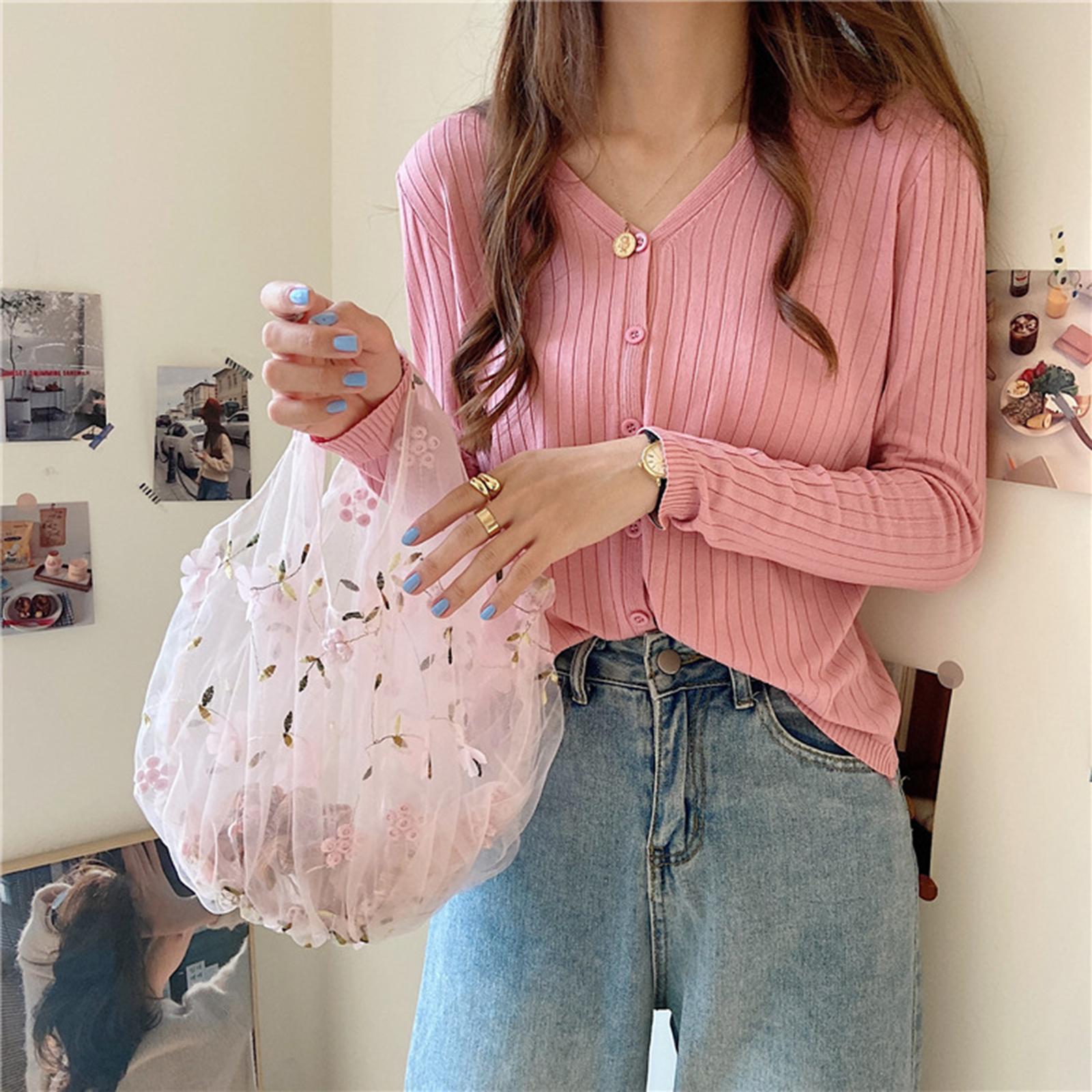 Embroidery Flower Handbag Reusable Grocery Bag for Travel Camping Women Girl Pink