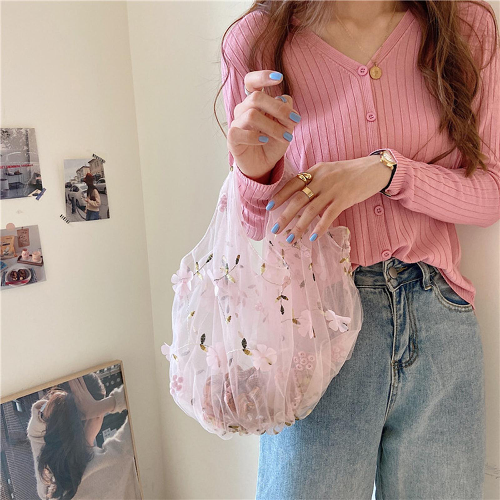 Embroidery Flower Handbag Reusable Grocery Bag for Travel Camping Women Girl Pink