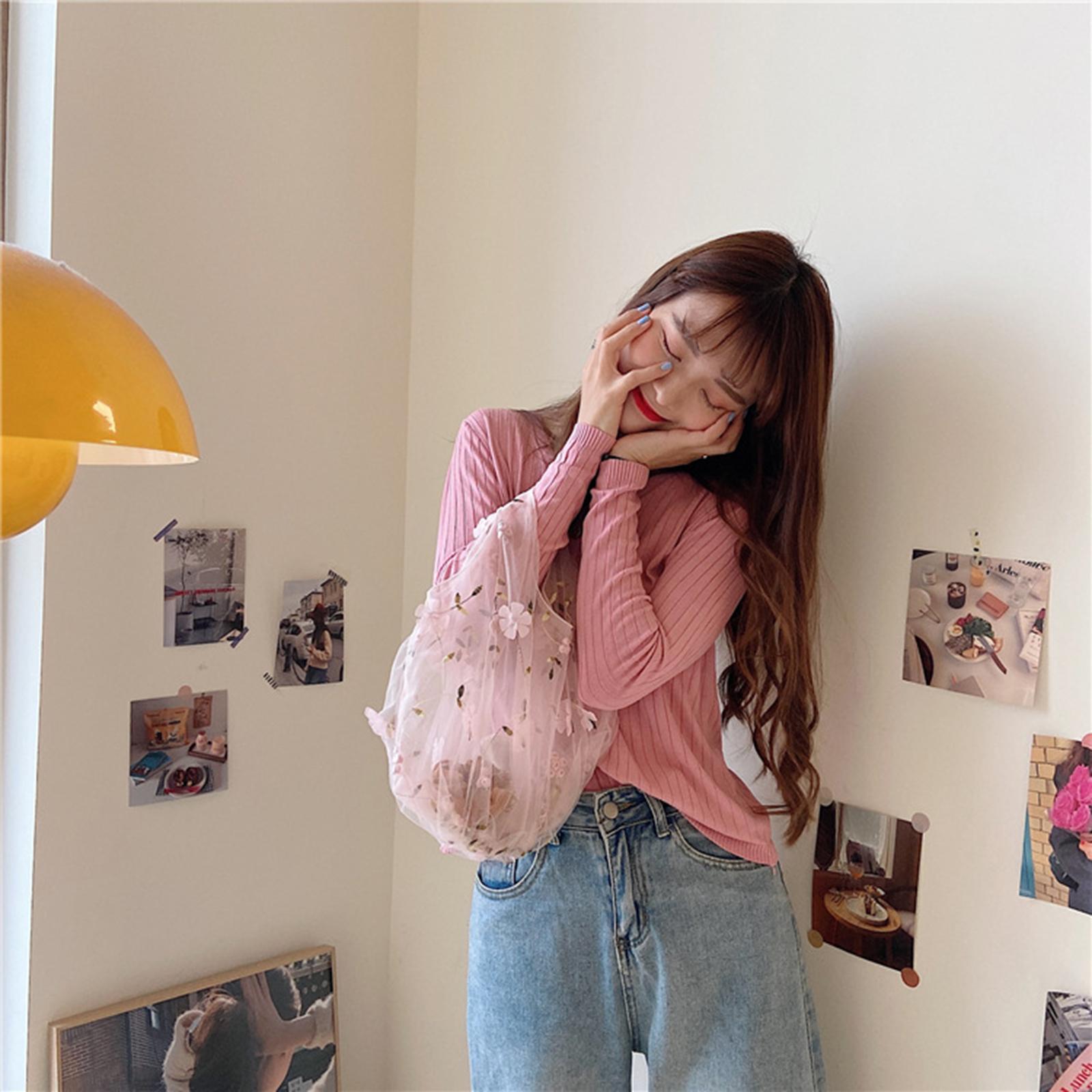 Embroidery Flower Handbag Reusable Grocery Bag for Travel Camping Women Girl Pink
