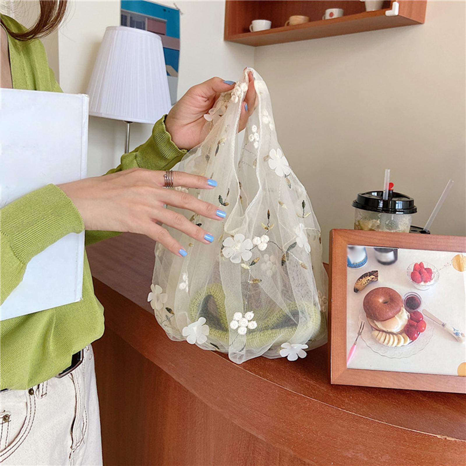 Embroidery Flower Handbag Reusable Grocery Bag for Travel Camping Women Girl Apricot