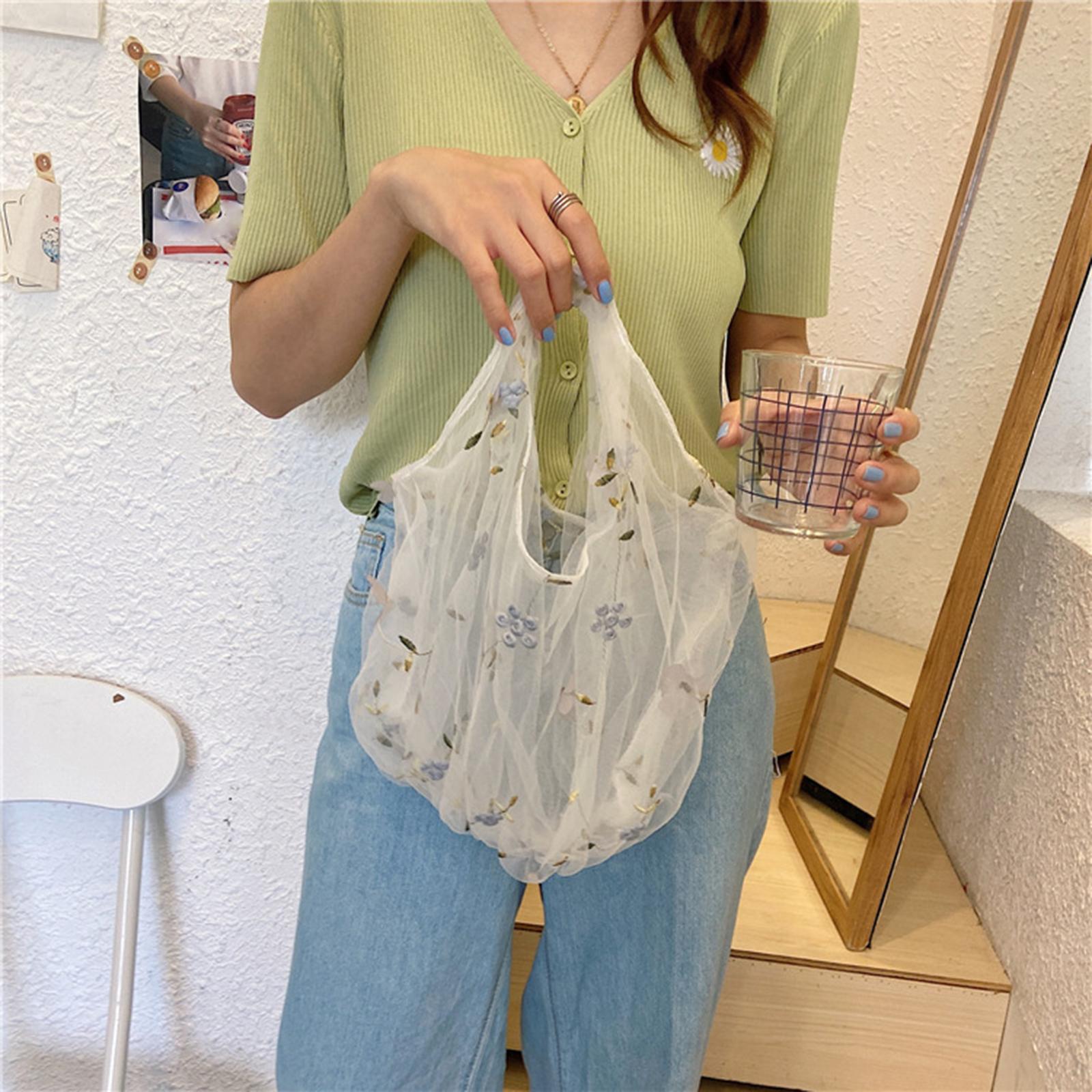 Embroidery Flower Handbag Reusable Grocery Bag for Travel Camping Women Girl Gray