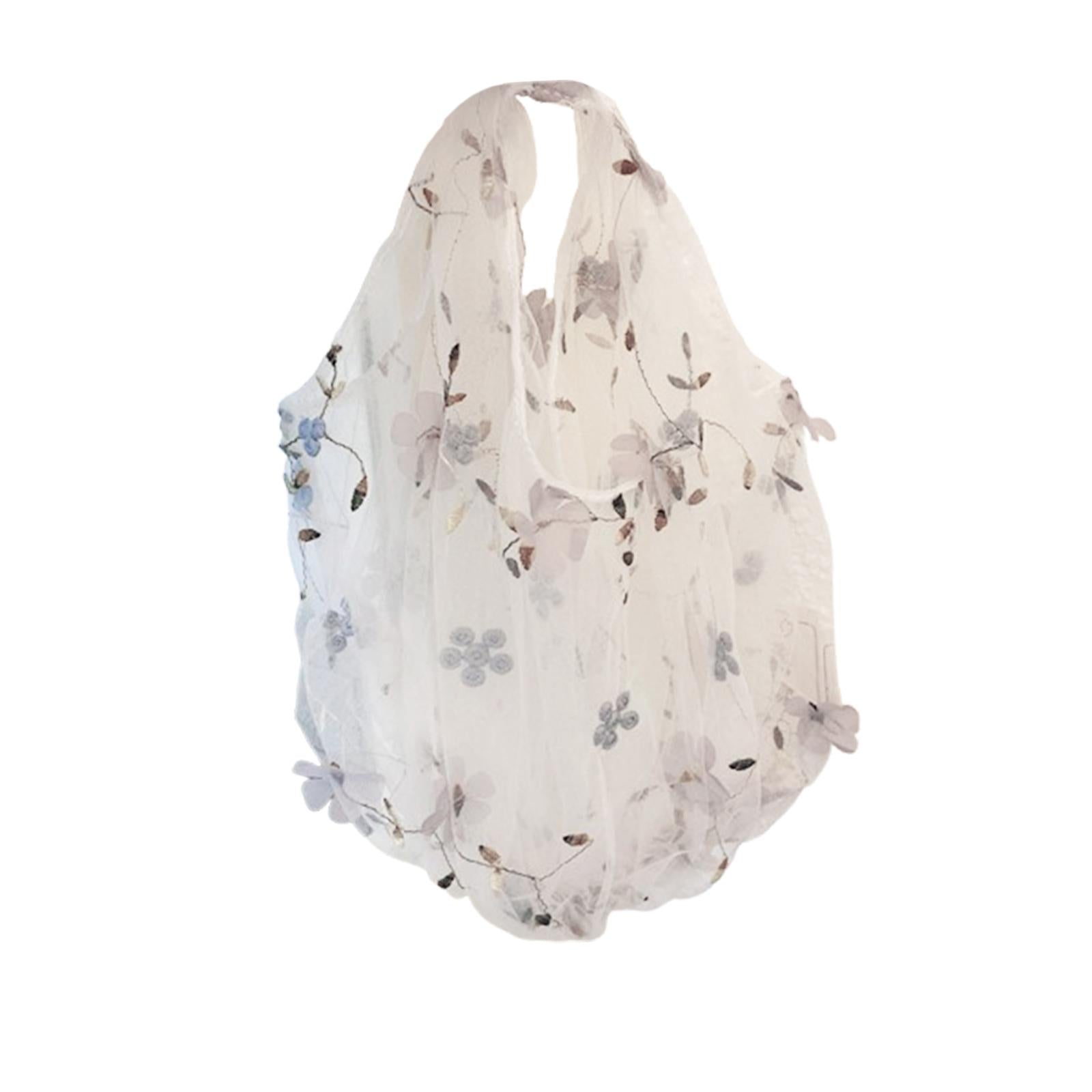 Embroidery Flower Handbag Reusable Grocery Bag for Travel Camping Women Girl Gray