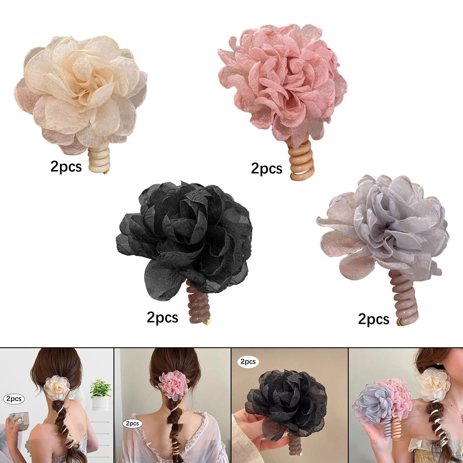 2Pcs Flower Hair Bands Headwear Camellia Hairties for Club Birthday New Year white