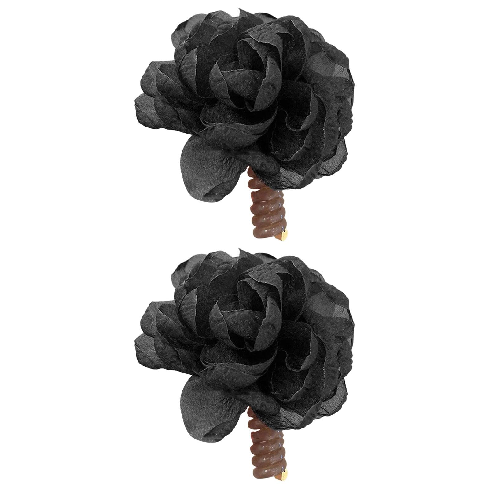 2Pcs Flower Hair Bands Headwear Camellia Hairties for Club Birthday New Year black