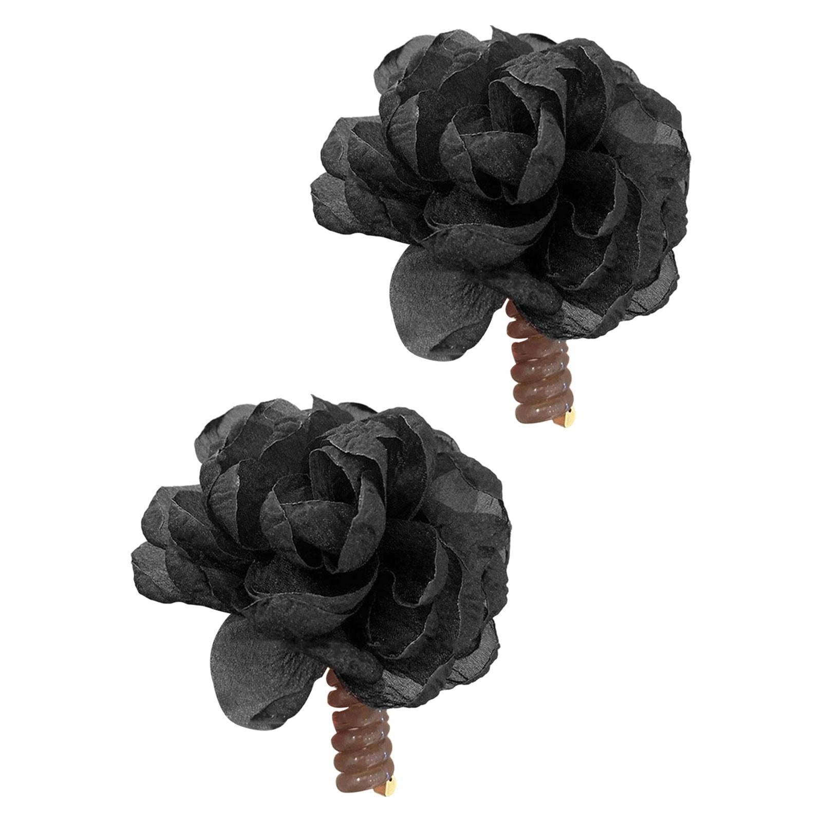 2Pcs Flower Hair Bands Headwear Camellia Hairties for Club Birthday New Year black