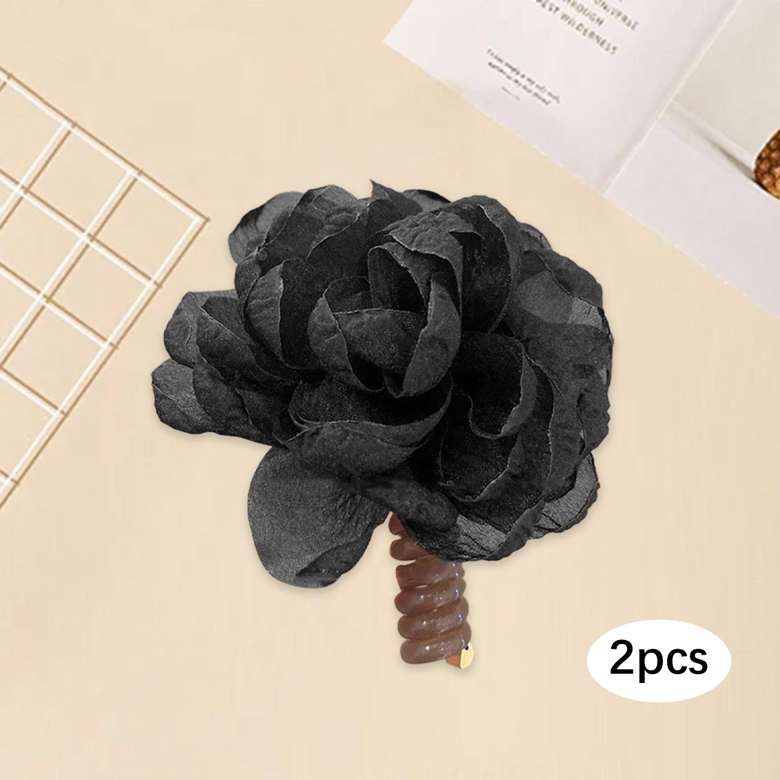 2Pcs Flower Hair Bands Headwear Camellia Hairties for Club Birthday New Year black