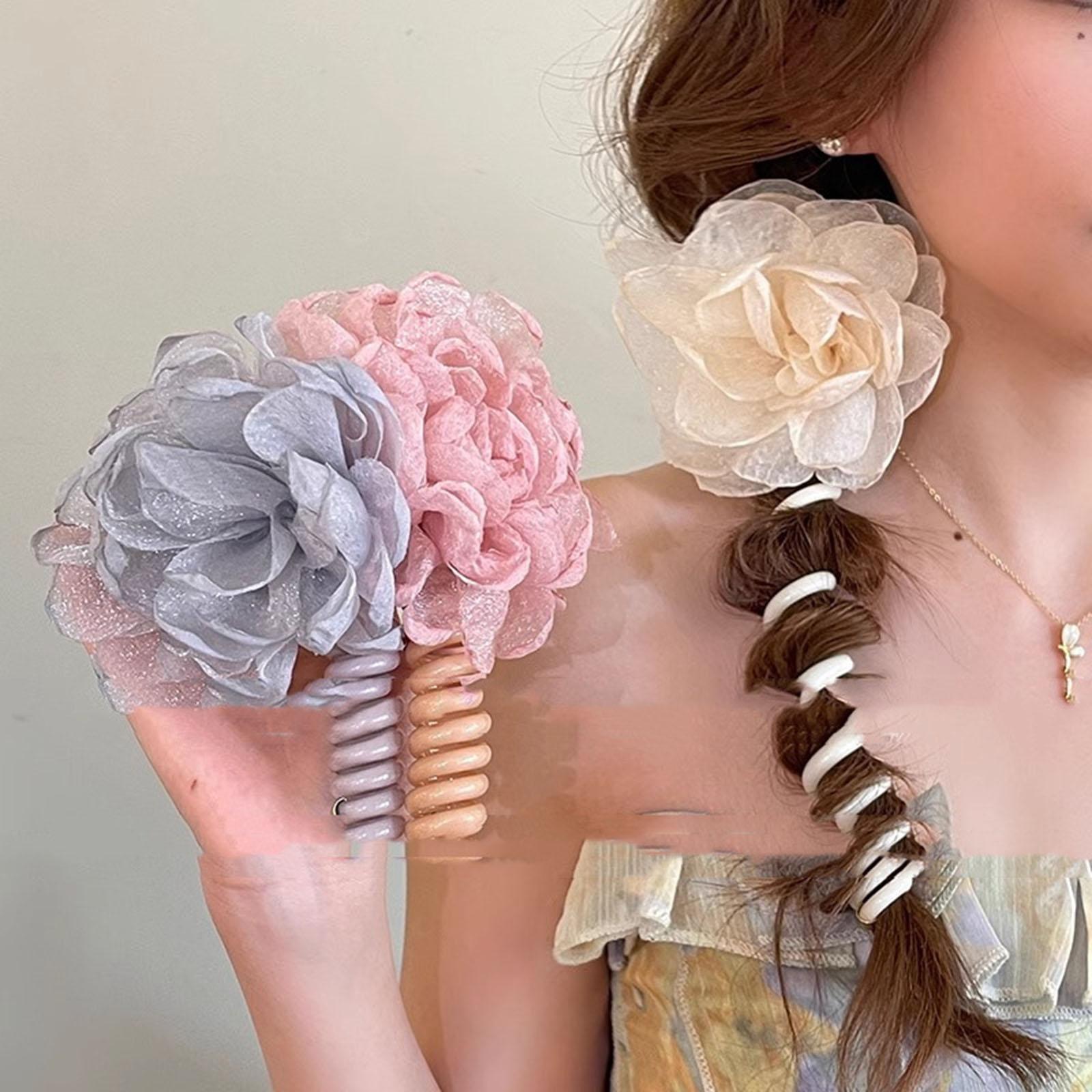 2Pcs Flower Hair Bands Headwear Camellia Hairties for Club Birthday New Year gray