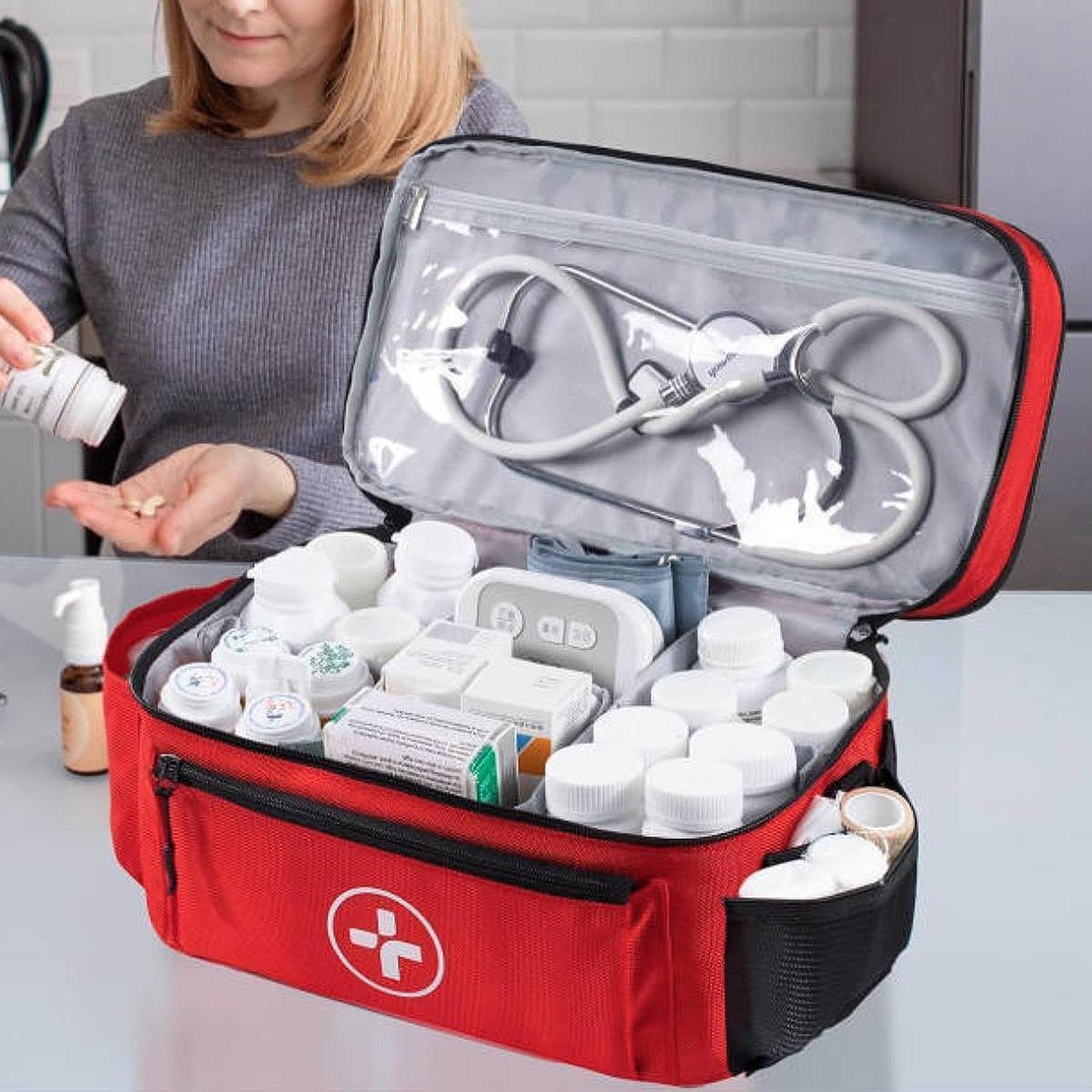 Empty First Aid Bag with Handle Emergency Supplies Pouch for Home Car Travel Red