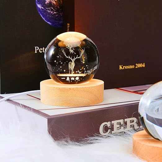 Decorative 3D Deer Crystal Ball Night Lamp with Wooden Base – USB LED Light (Warm White)