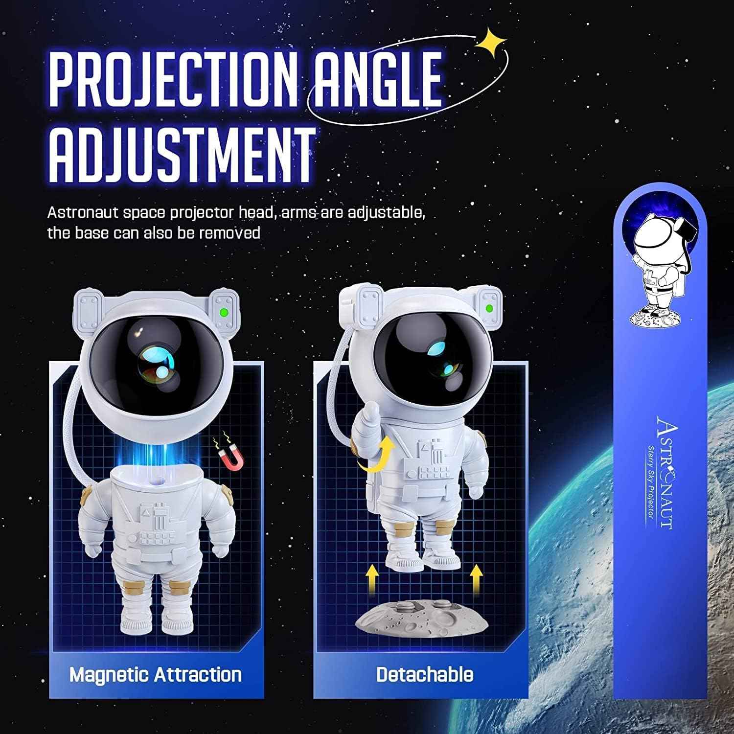 Astronaut Galaxy Projector Night Light with 360° rotating nebula, remote control, timer, and adjustable head—perfect for bedrooms, gaming rooms, and décor.